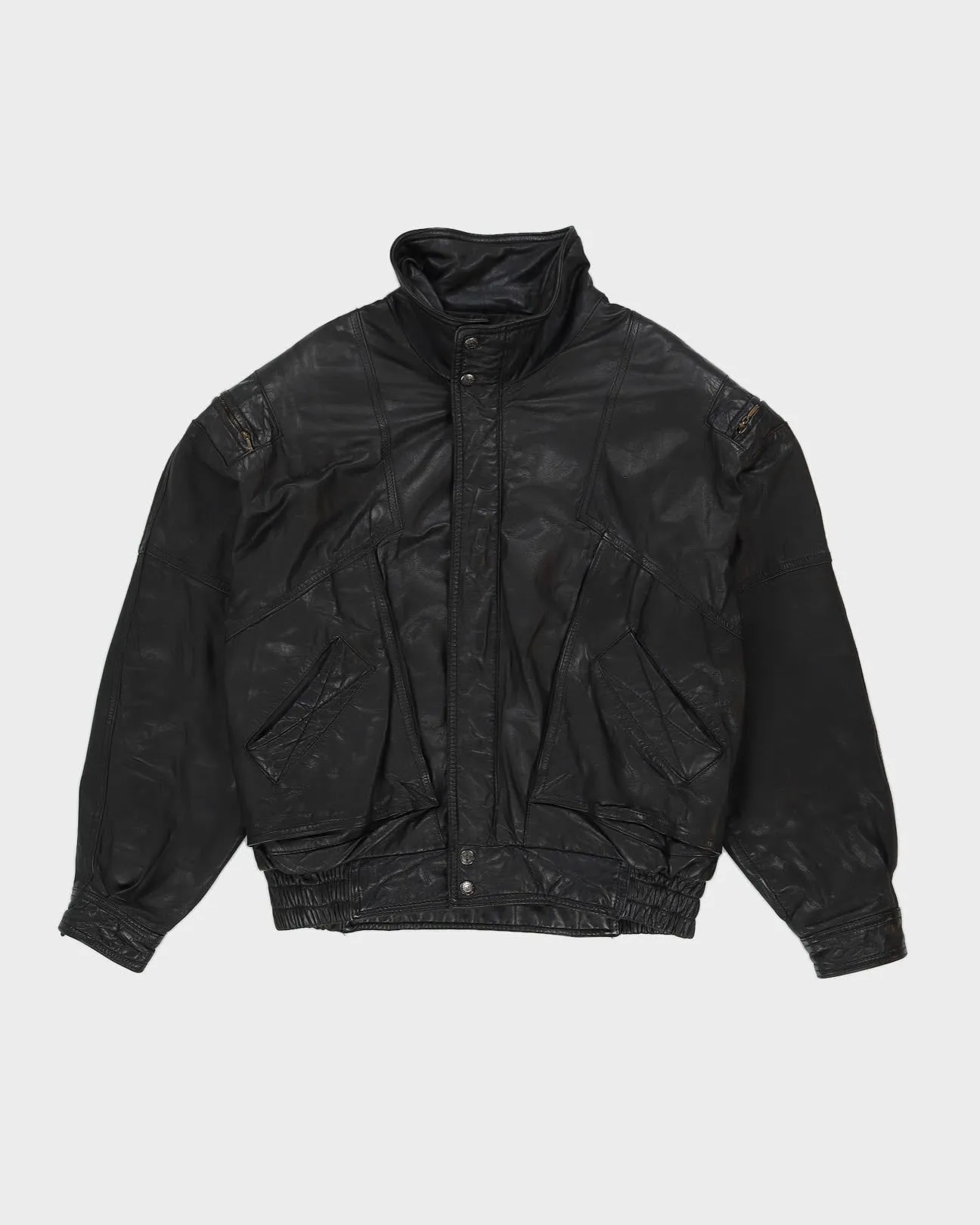 00s Black Leather Bomber Jacket - L