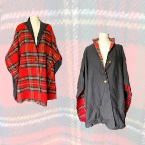 1960s Reversible Wool Poncho Cape in Red Tartan Plaid and Black Cotton. Two in one!