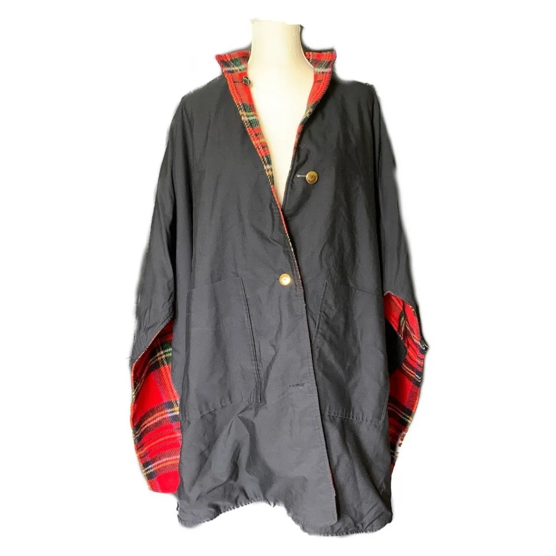 1960s Reversible Wool Poncho Cape in Red Tartan Plaid and Black Cotton. Two in one!