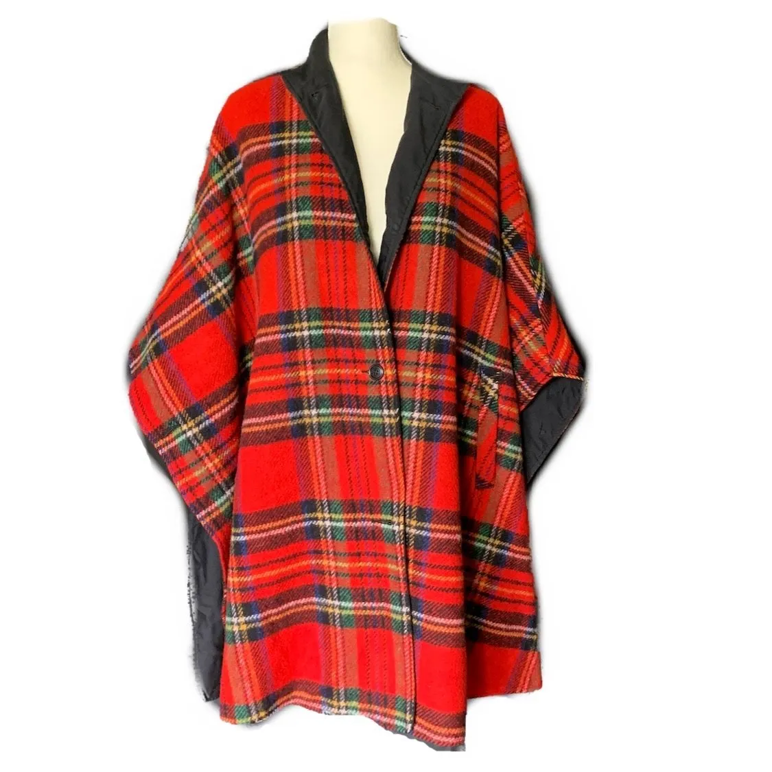 1960s Reversible Wool Poncho Cape in Red Tartan Plaid and Black Cotton. Two in one!