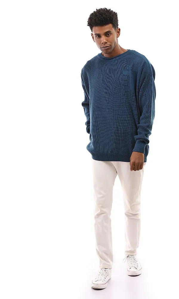 96268 Petroleum Crew Neck Knitted Pullover With Hem