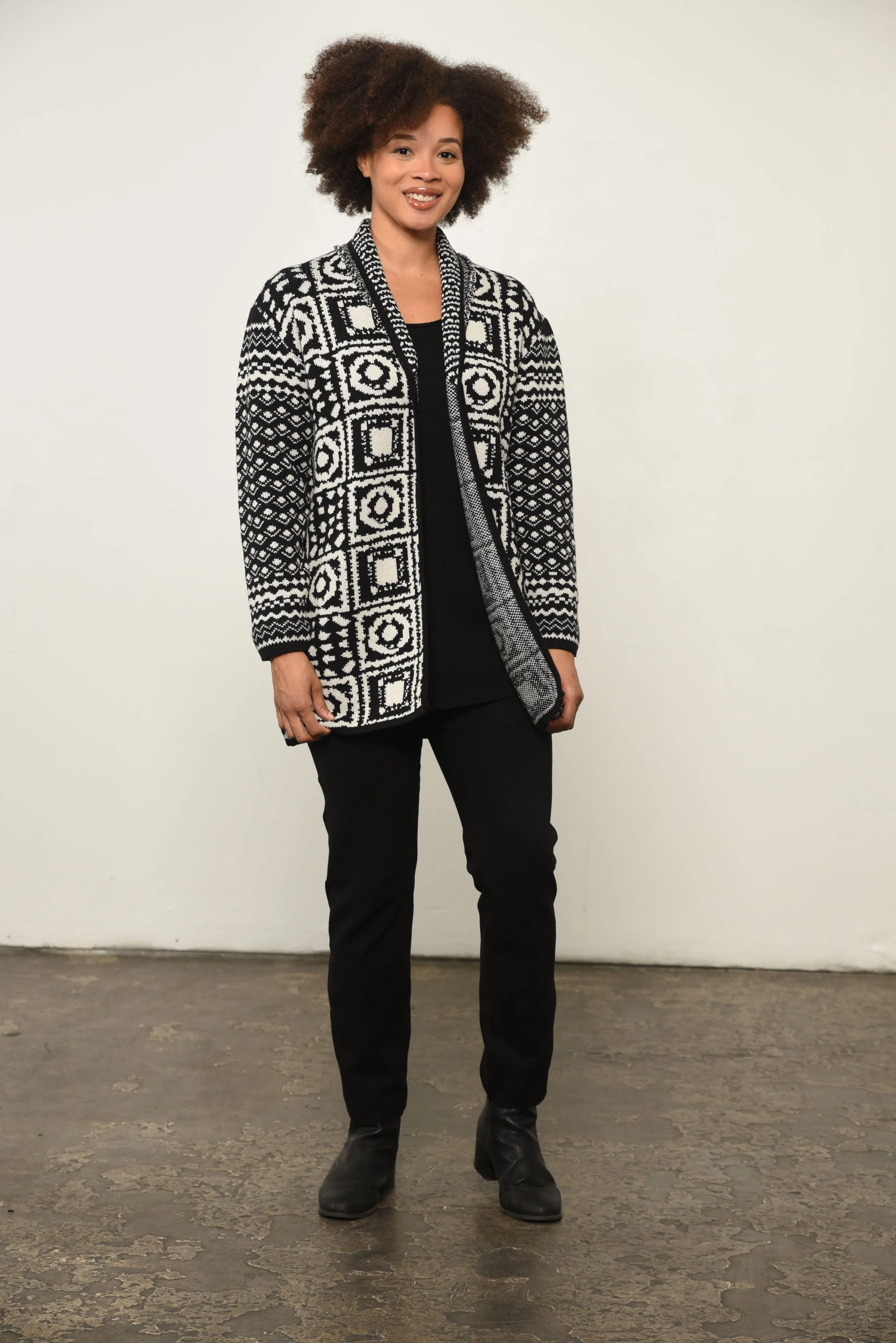 Abstract Print Open Front Cardigan in Black Aztec