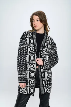 Abstract Print Open Front Cardigan in Black Aztec