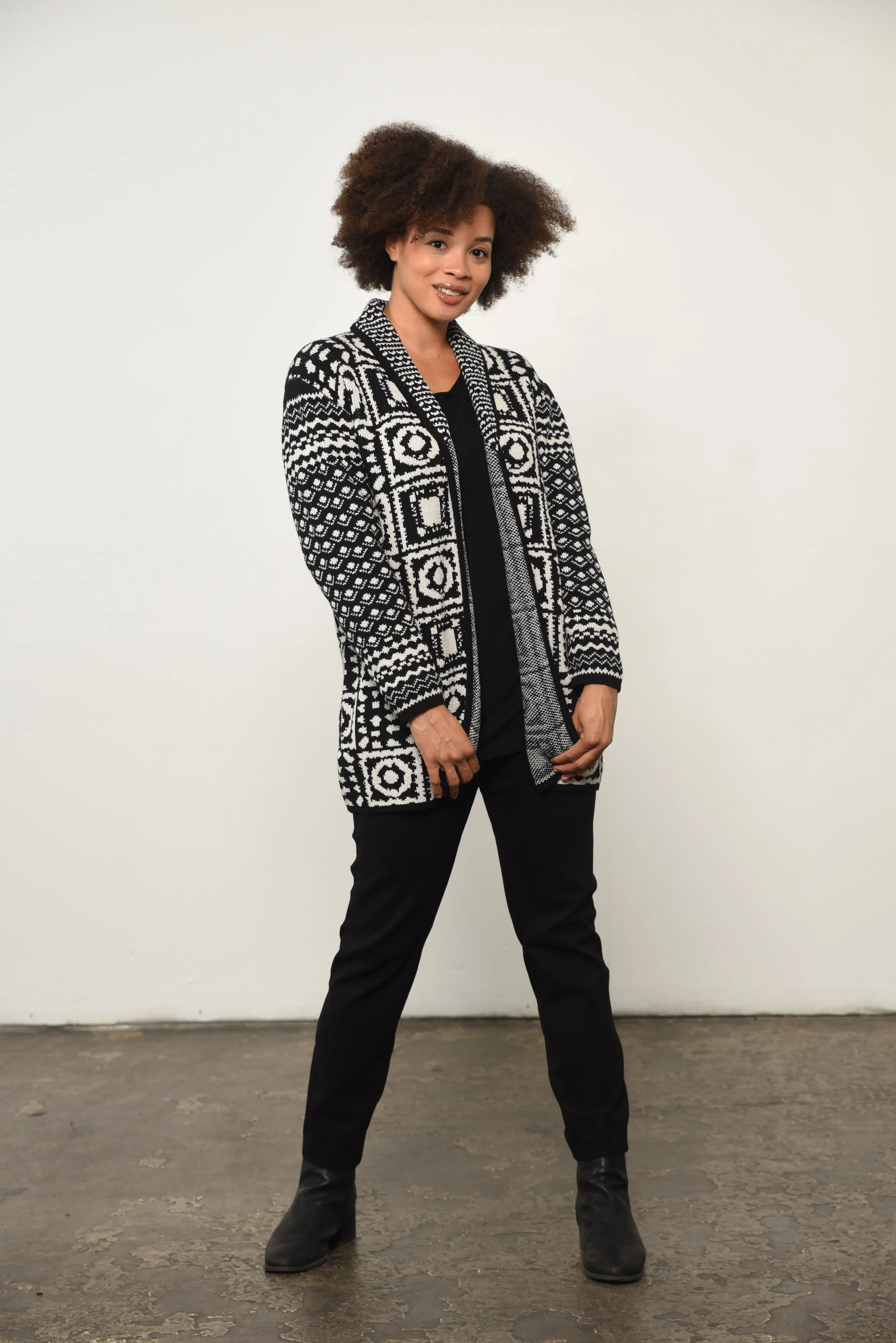 Abstract Print Open Front Cardigan in Black Aztec