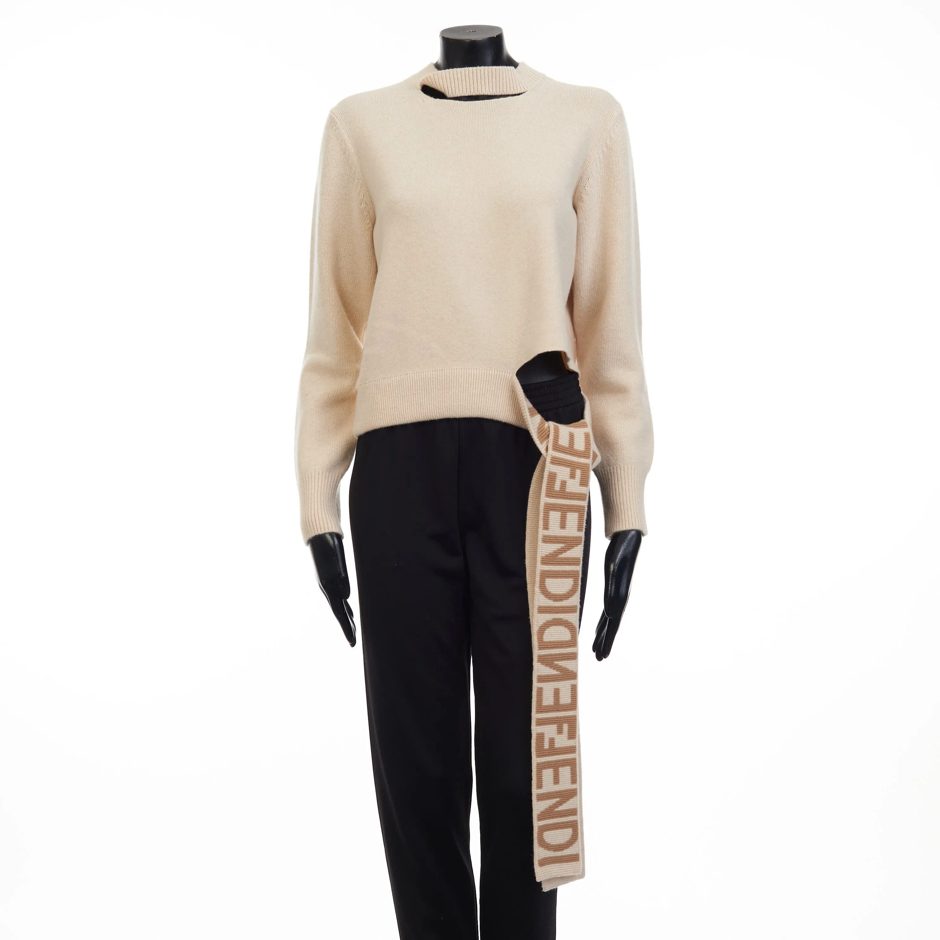 Beige Cashmere & Wool Sweater -  Fendi Mirror Logo Motif