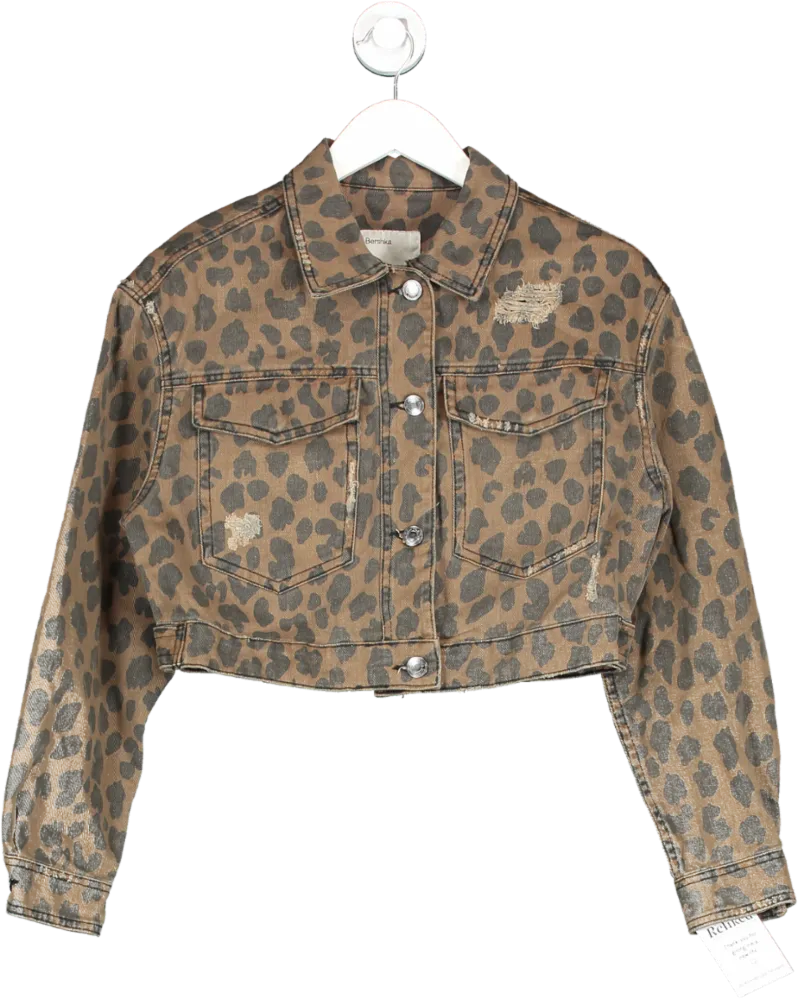 Bershka Brown Leopard Print Denim Jacket UK M/L