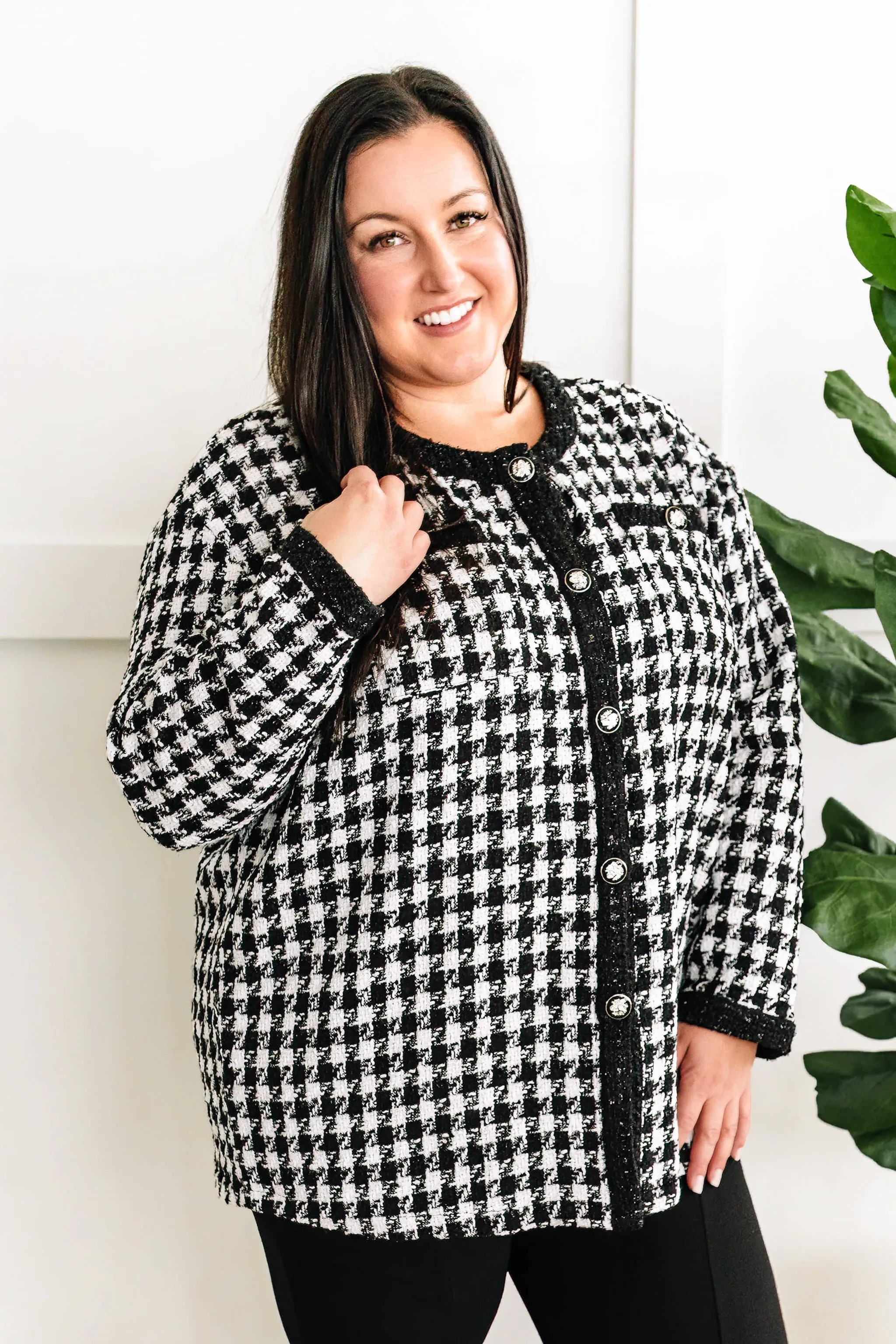 Black & White Houndstooth Knit Jacket In Christmas Carol