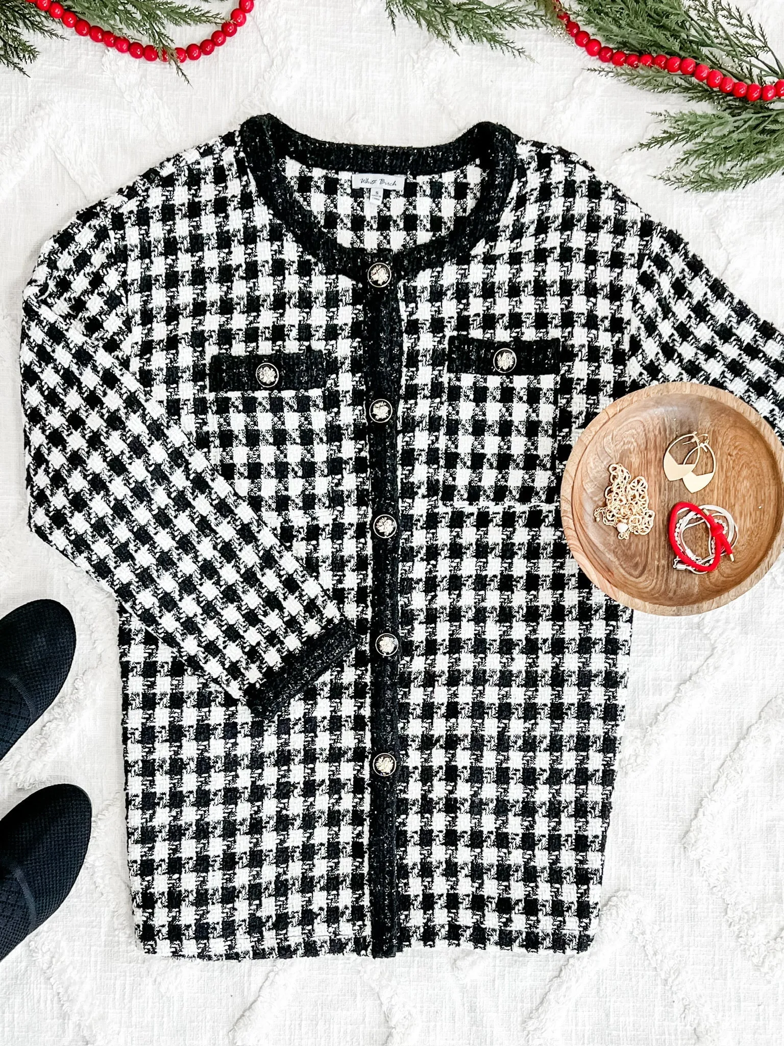 Black & White Houndstooth Knit Jacket In Christmas Carol