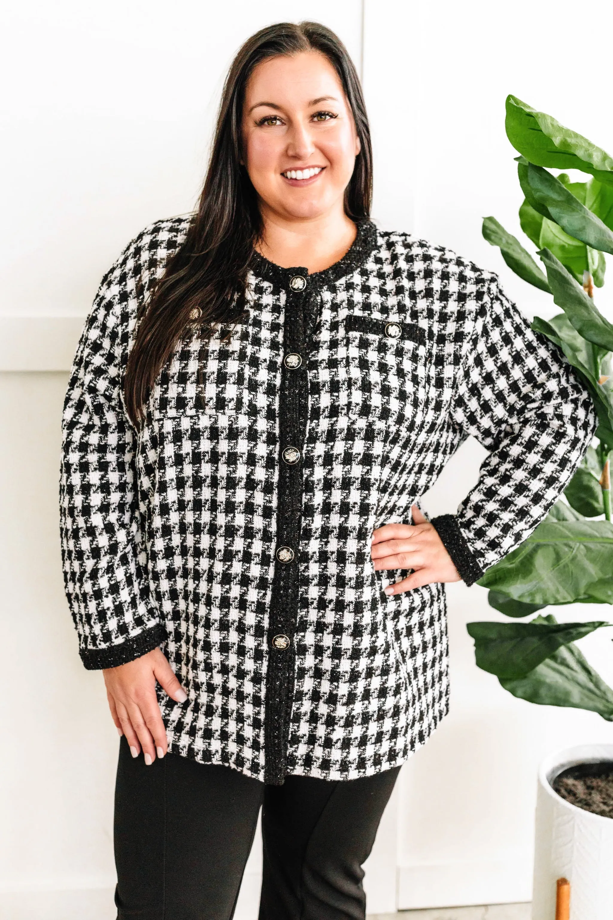 Black & White Houndstooth Knit Jacket In Christmas Carol