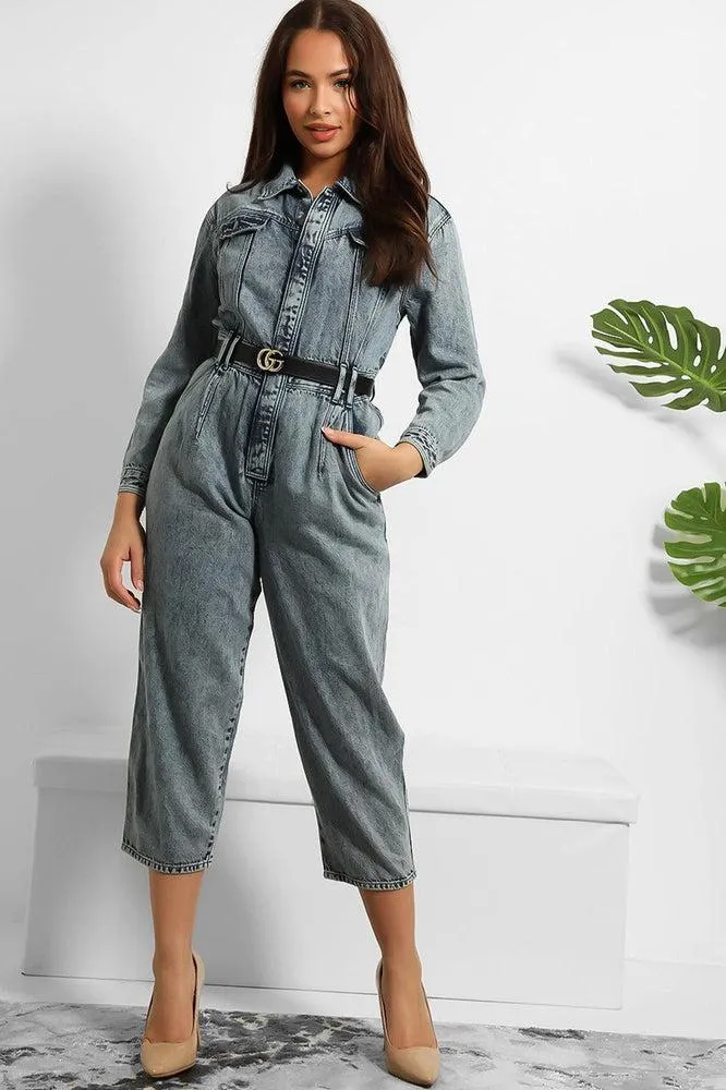 Bleached Denim Cropped Leg Jumpsuit