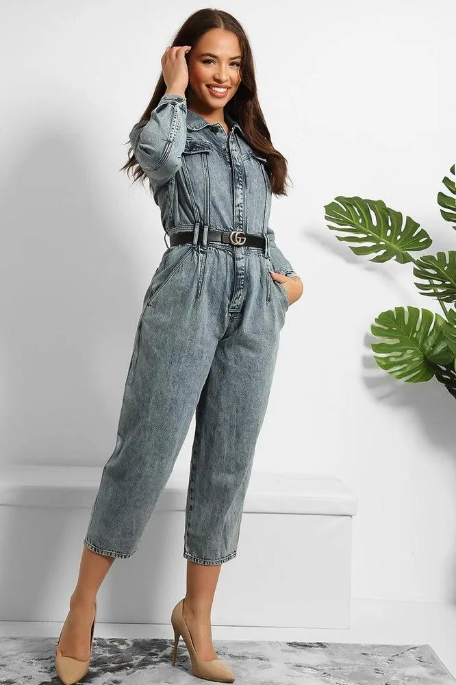 Bleached Denim Cropped Leg Jumpsuit