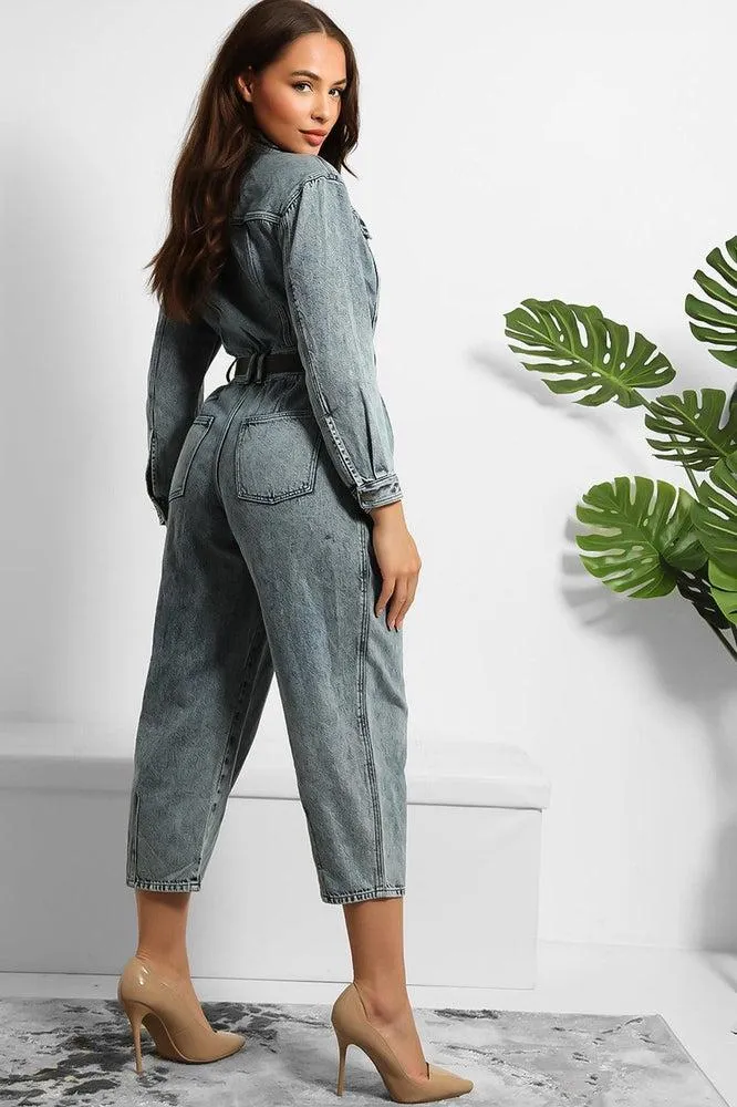 Bleached Denim Cropped Leg Jumpsuit