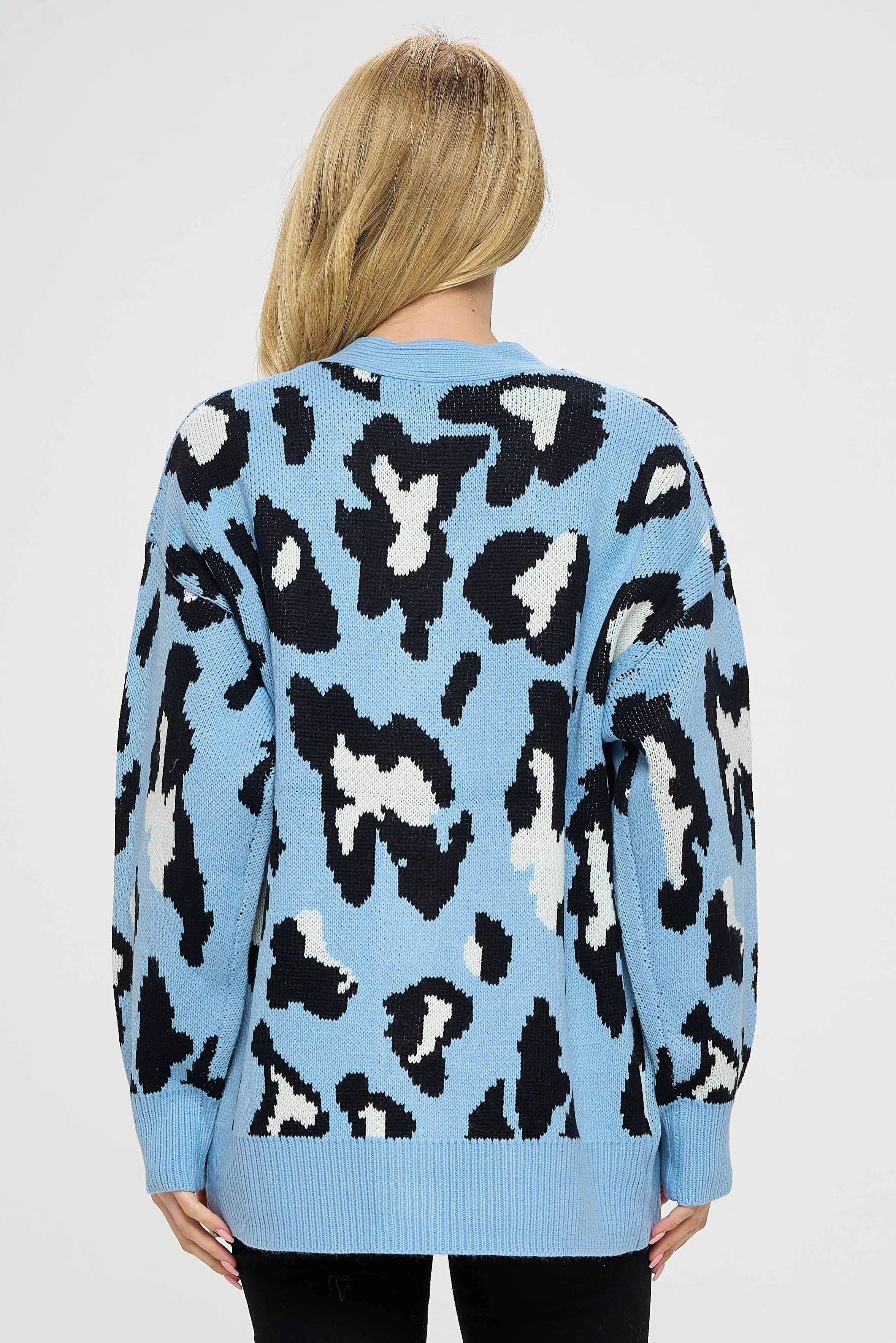 Blue and Black Leopard Print Buttoned Closure Top