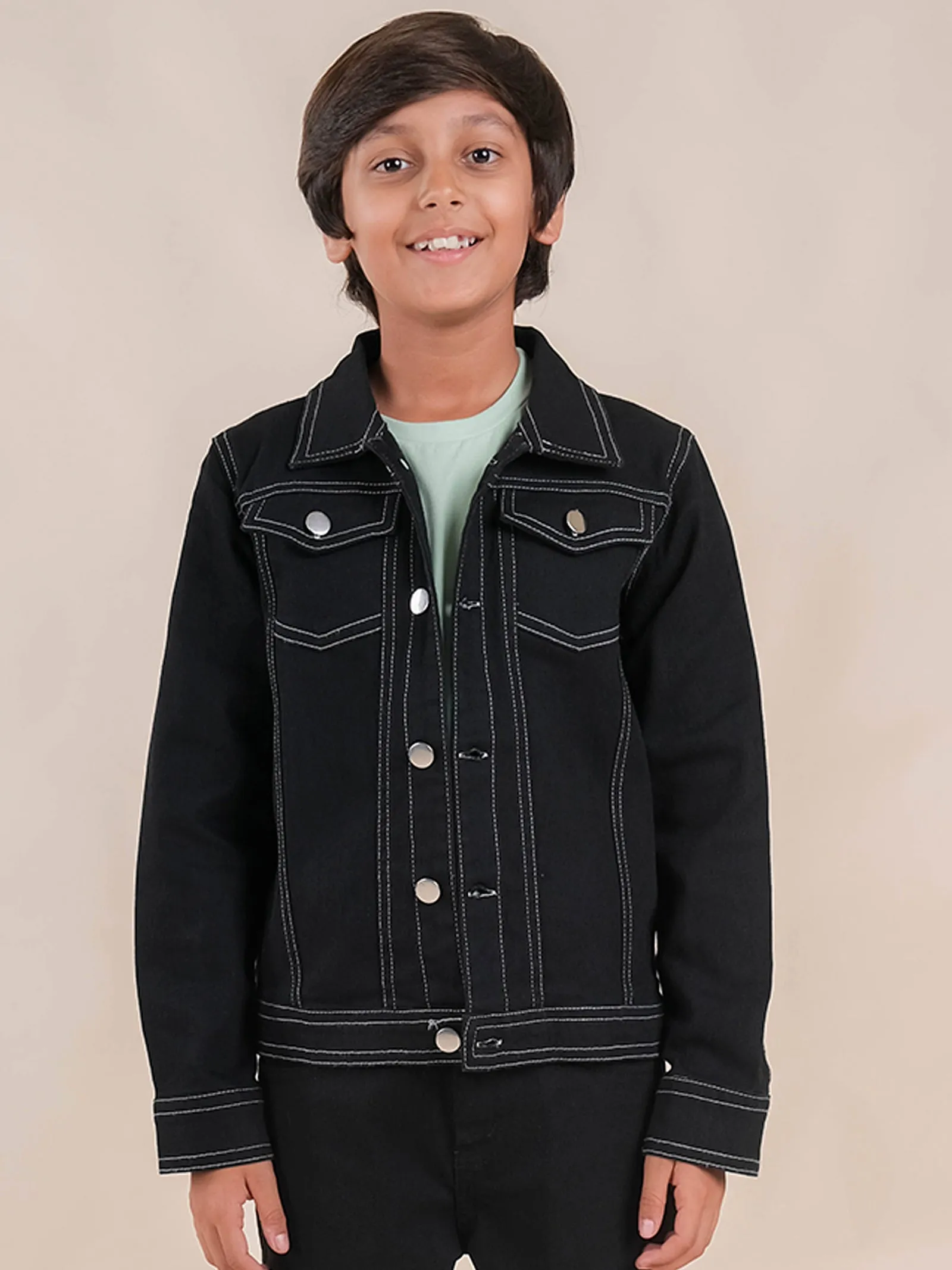 Boys Full Sleeves Solid Denim Jacket