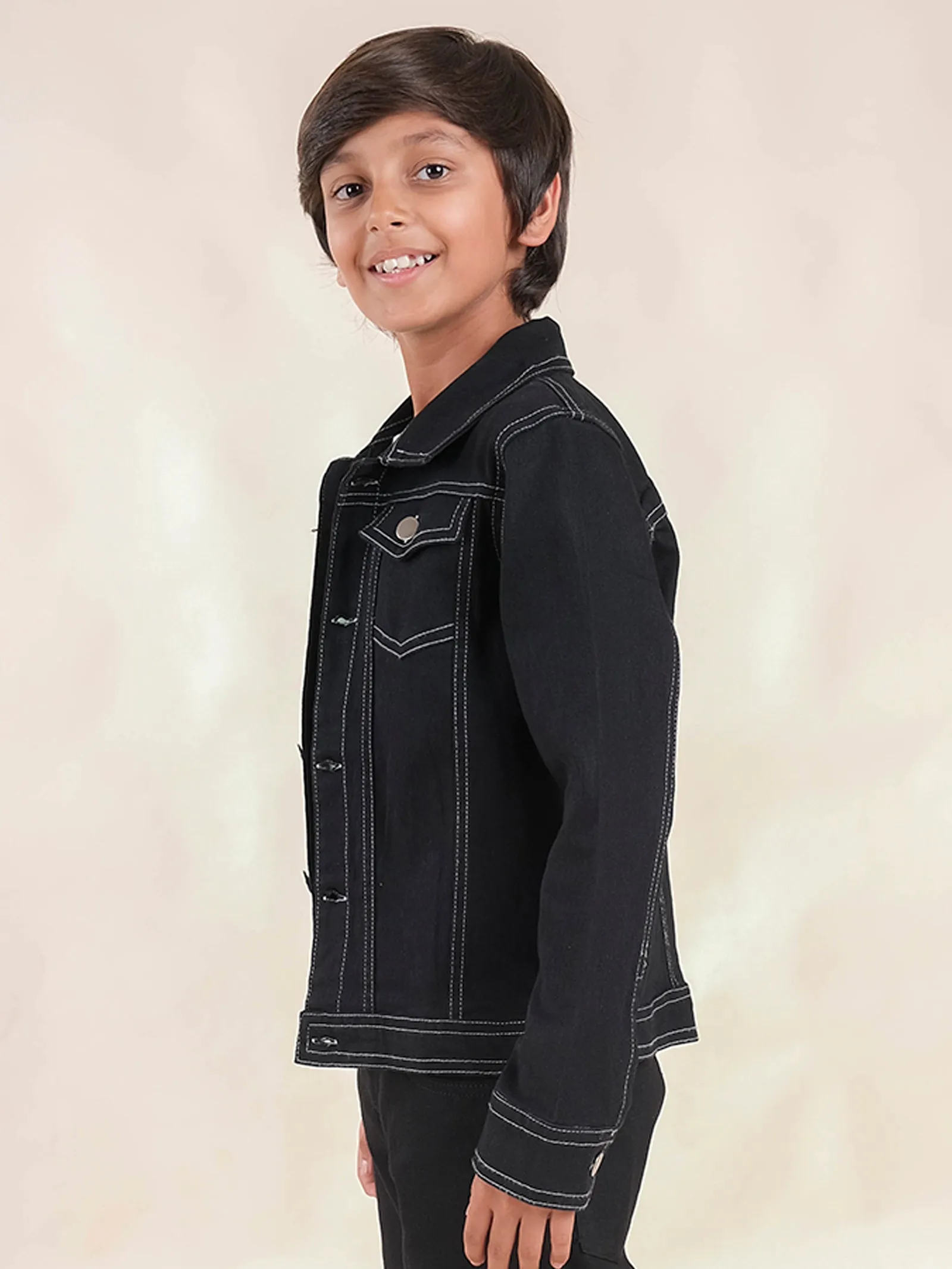 Boys Full Sleeves Solid Denim Jacket