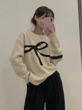 Elegant Jacquard Bow Round Neck Long Sleeve Wool Sweater