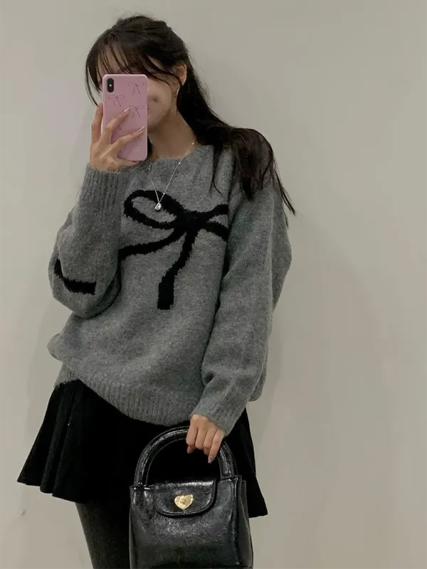 Elegant Jacquard Bow Round Neck Long Sleeve Wool Sweater