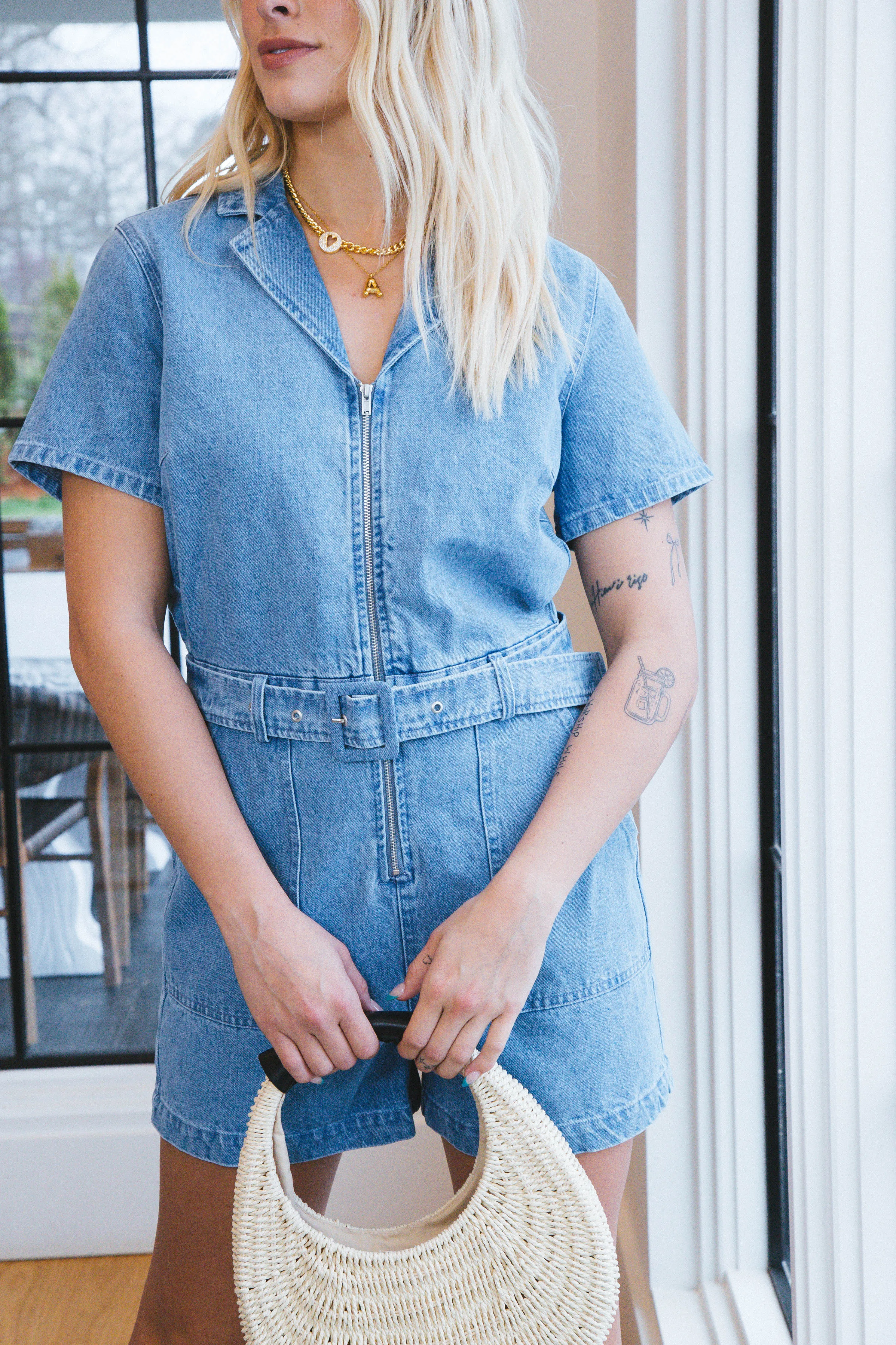 Emerson Zip Up Denim Romper, Denim