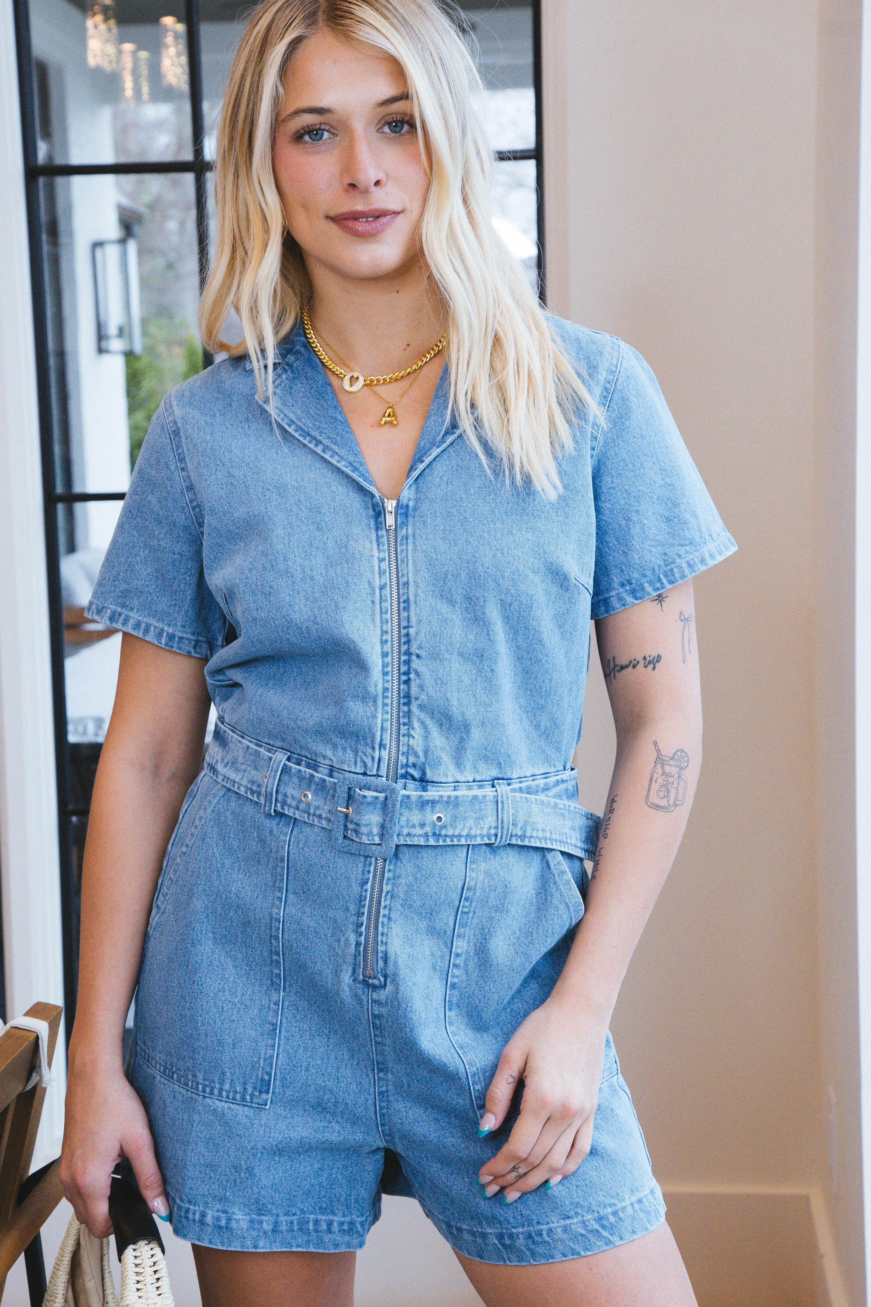 Emerson Zip Up Denim Romper, Denim