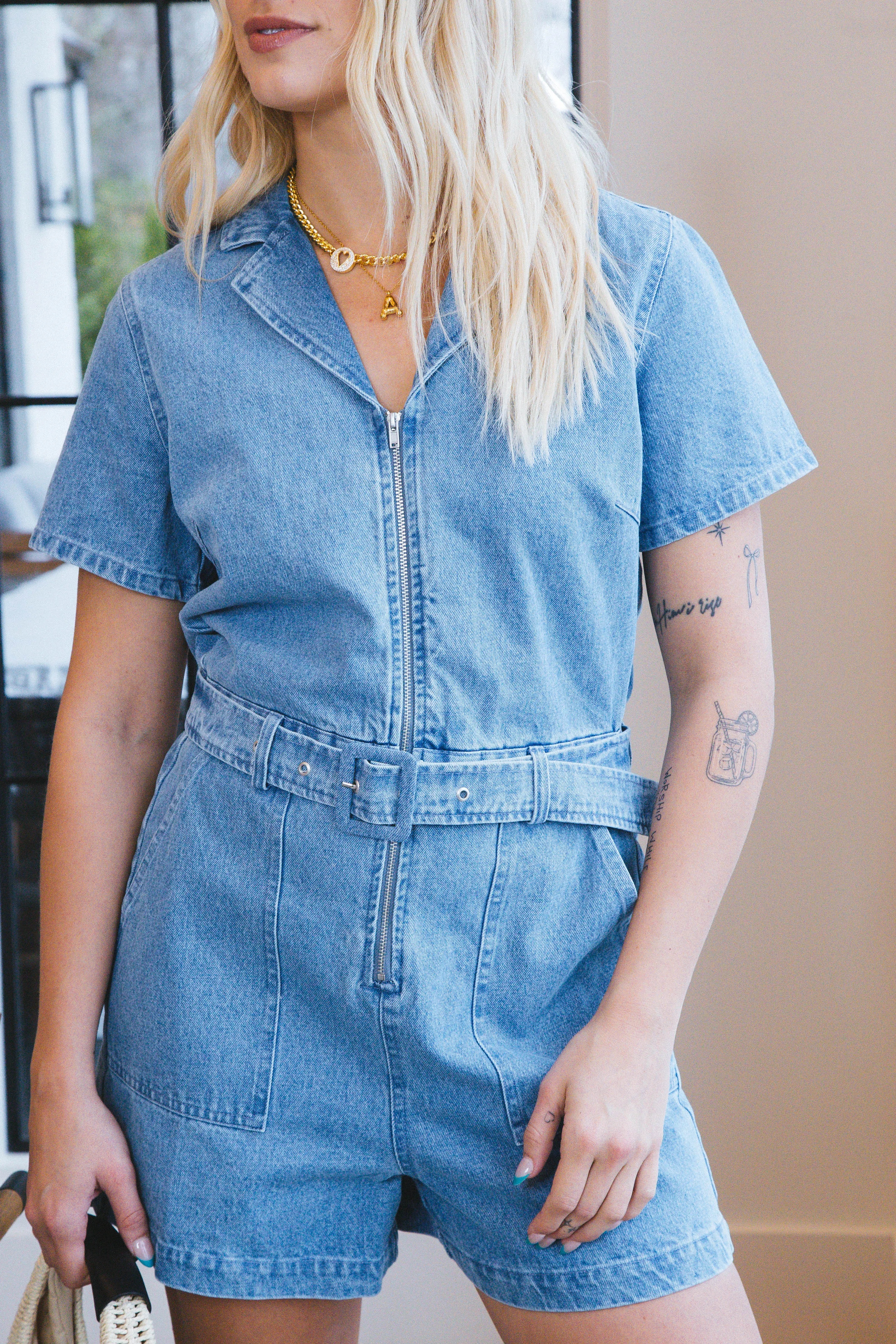 Emerson Zip Up Denim Romper, Denim