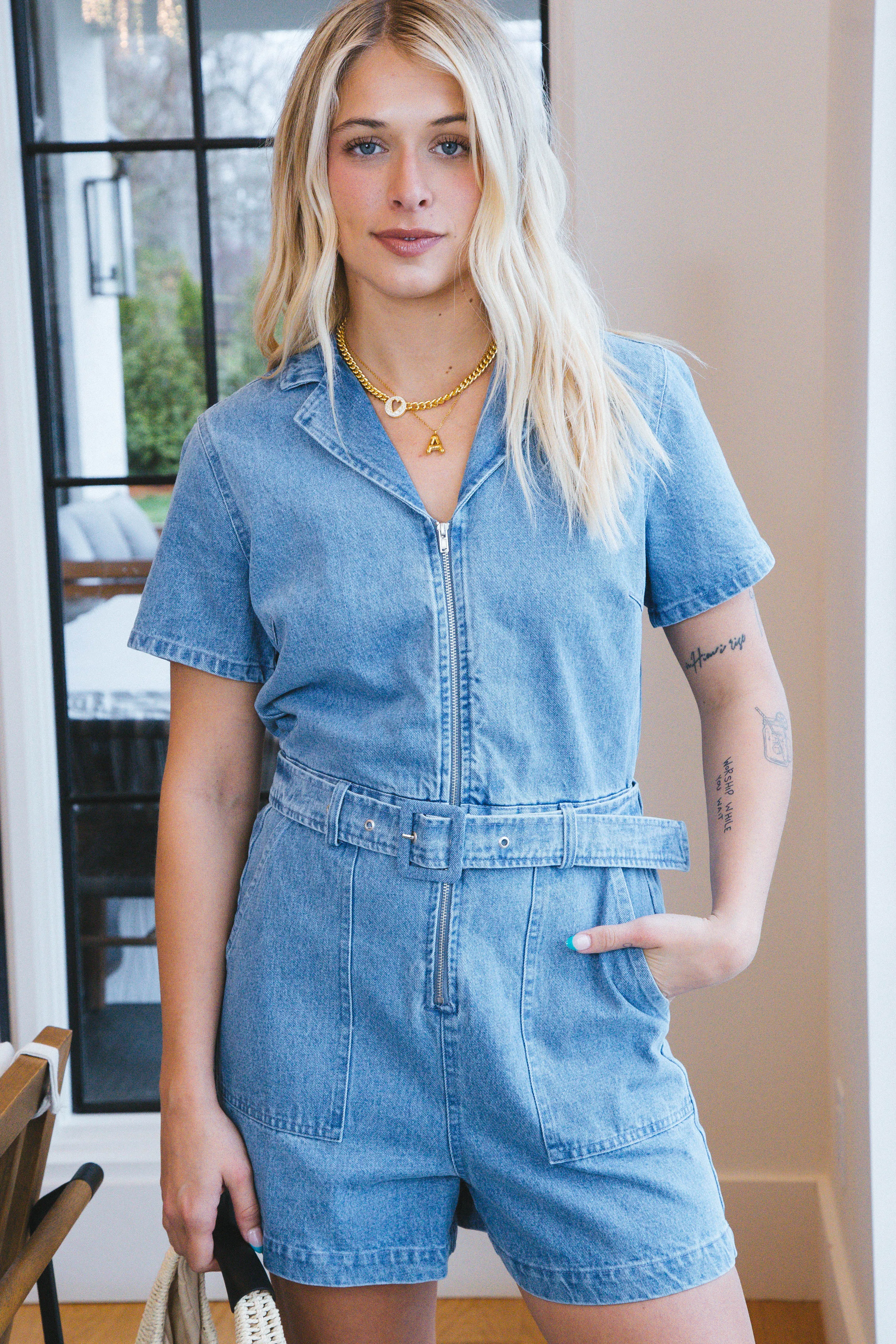 Emerson Zip Up Denim Romper, Denim