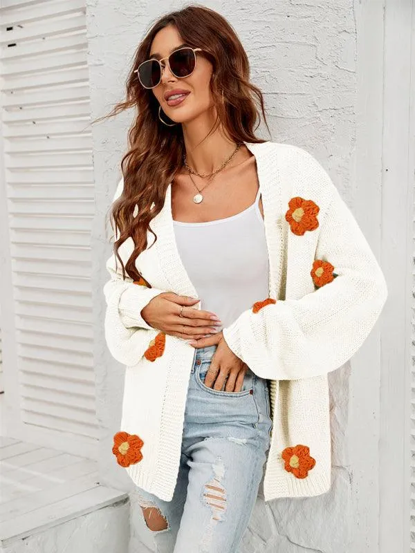 Floral Lantern Sleeves Cardigan Sweater