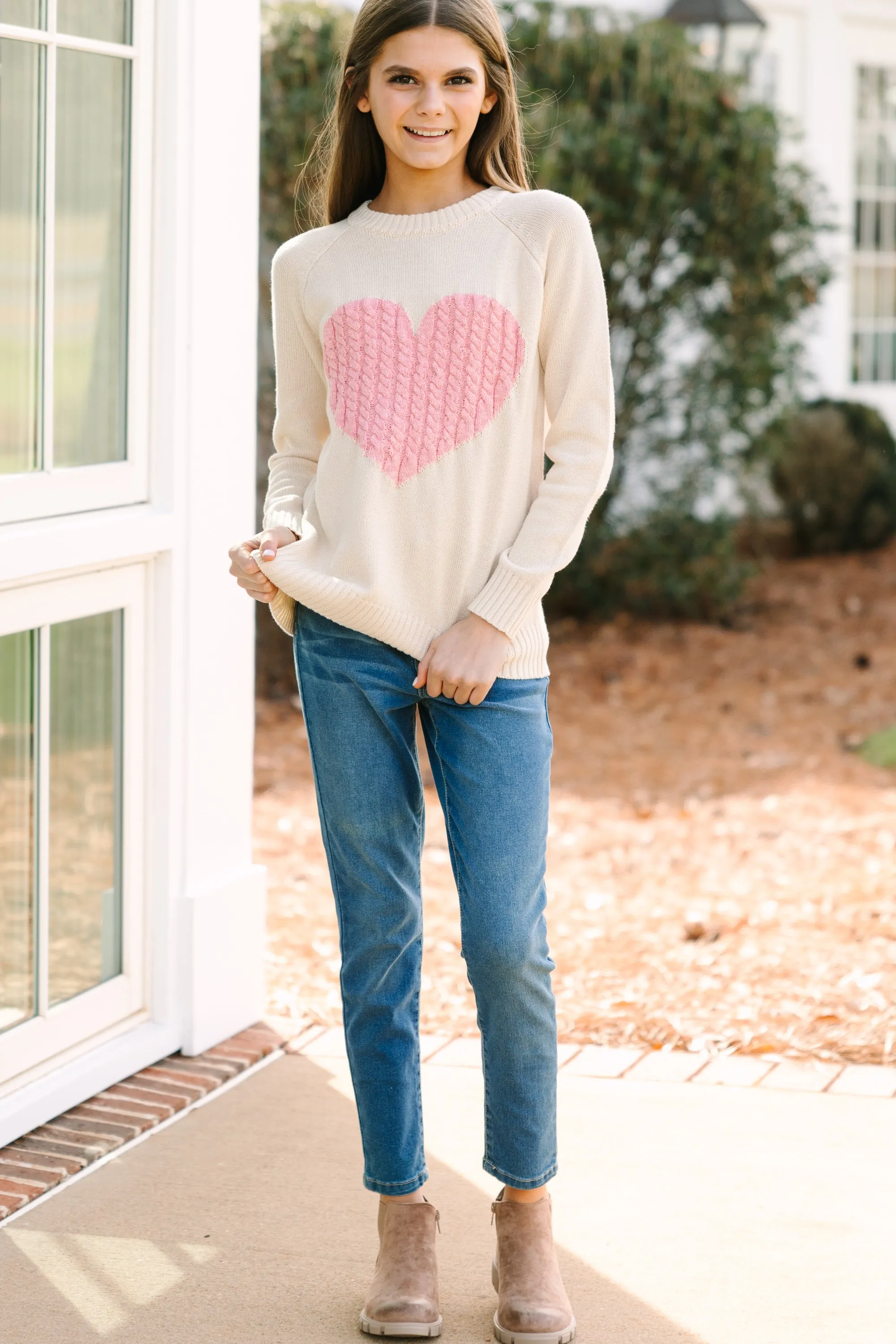 Girls: All For Love Oatmeal and Pink Heart Sweater