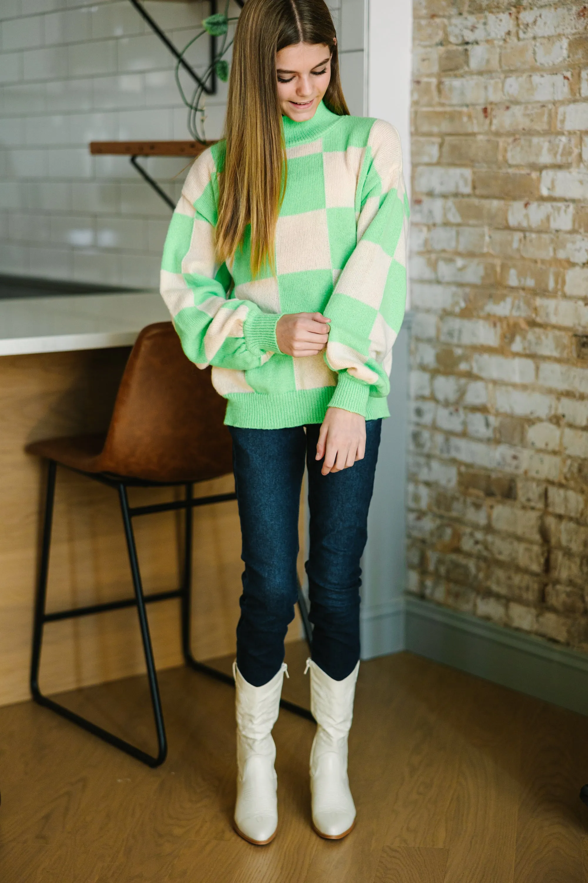 Girls: Better Together Lime Green Checkered Sweater