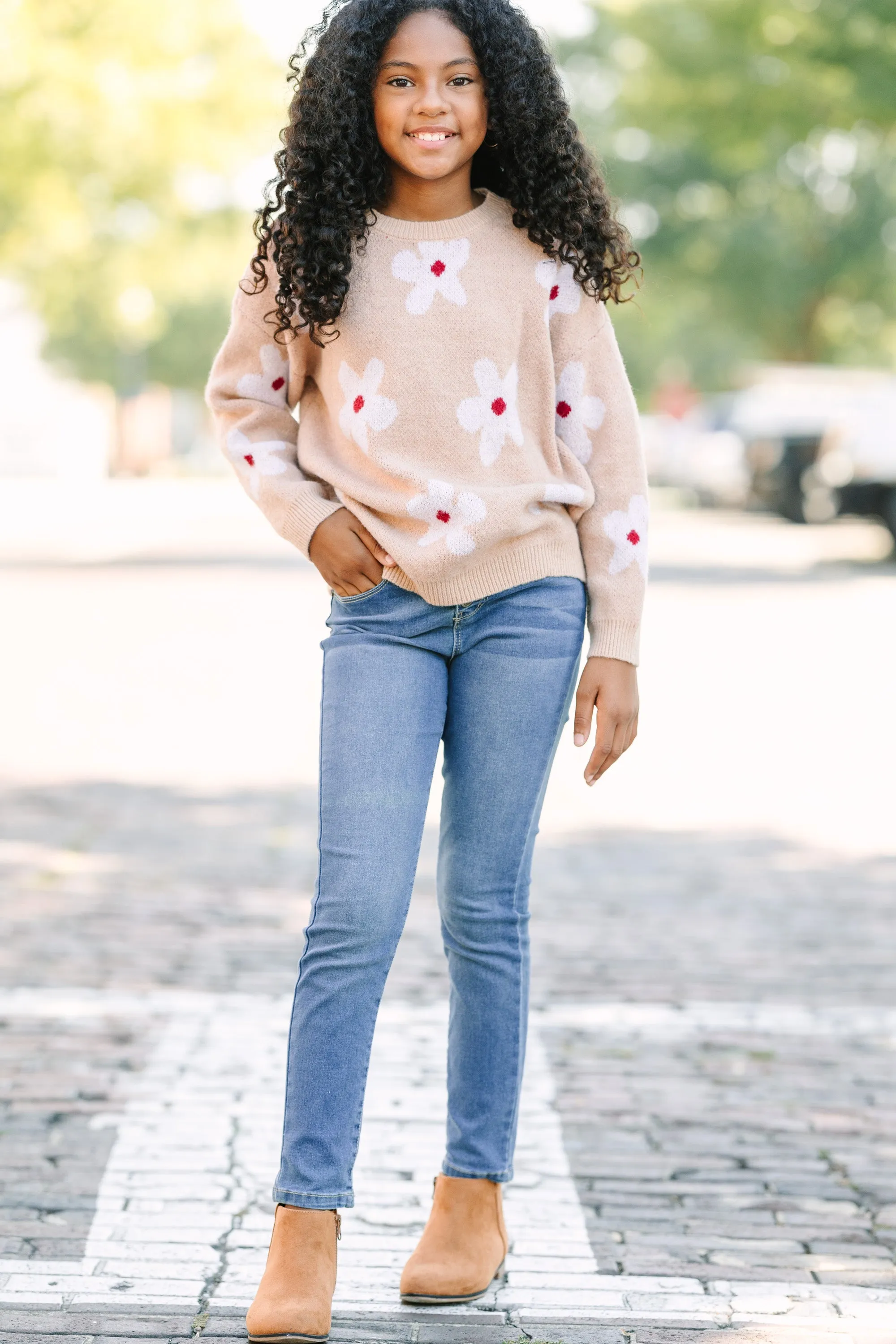 Girls: Feeling Fun Sand Brown Floral Sweater