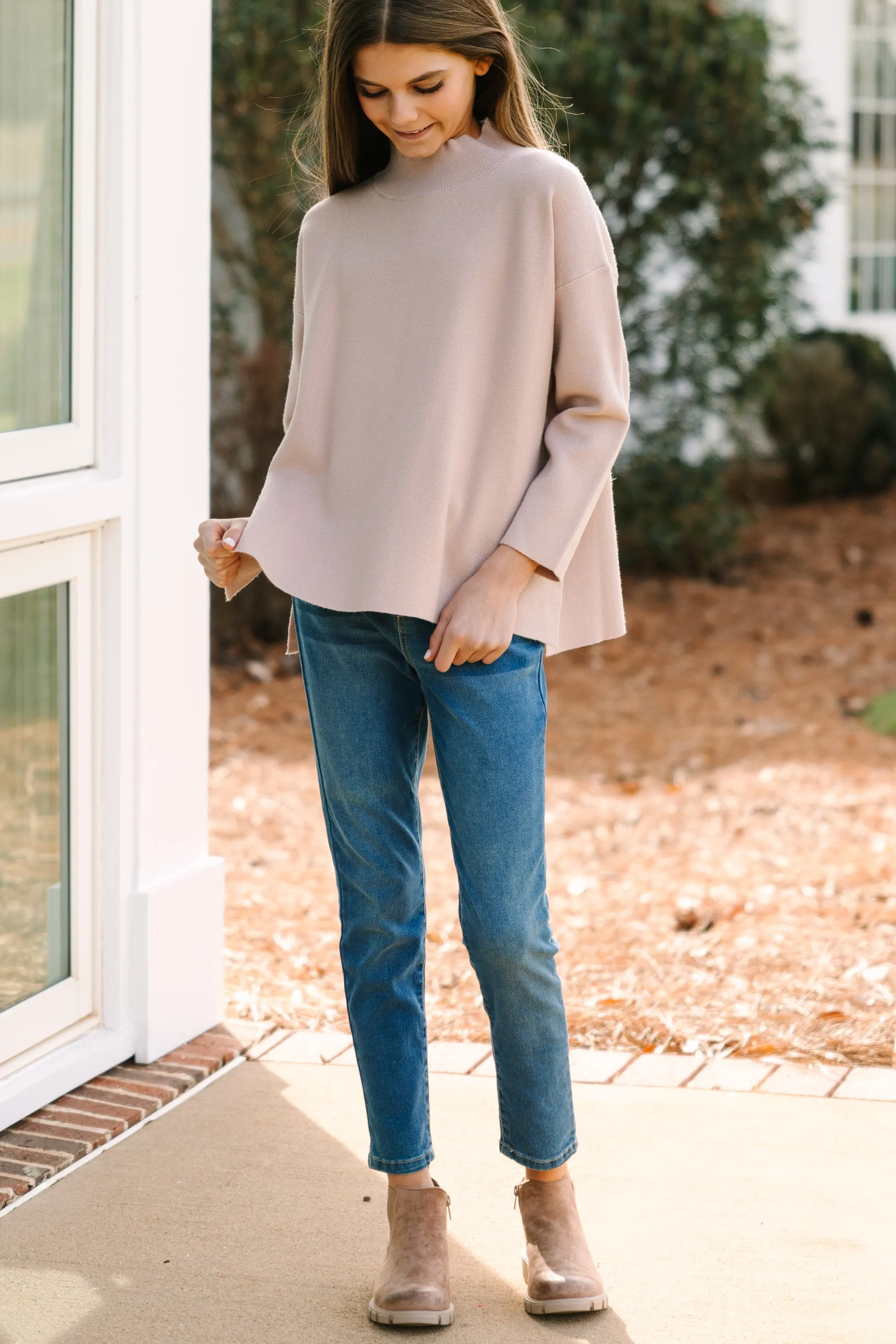 Girls: Going With You Taupe Brown Mock Neck Sweater