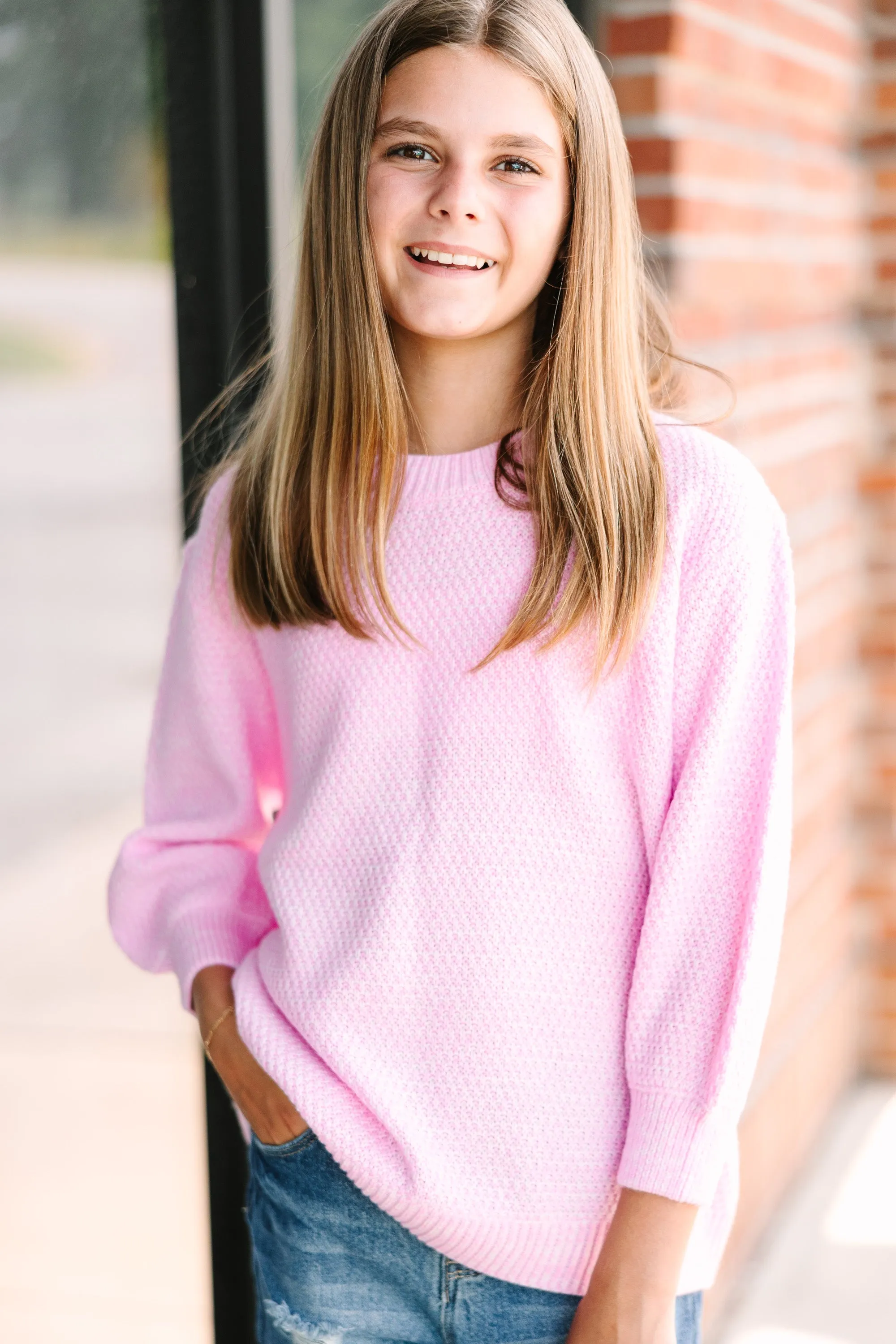 Girls: The Slouchy Candy Pink Bubble 3/4 Sleeve Sweater