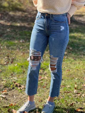 High Rise Destroyed MOM Jean - Medium Denim