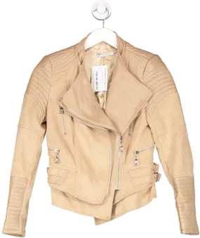 Ivory & Chain Beige Luxe Vegan Leather & Soft Faux Suede Biker Jacket UK 6