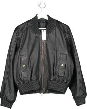 Karen Millen Black Washed Leather Zip Bomber Jacket UK 12