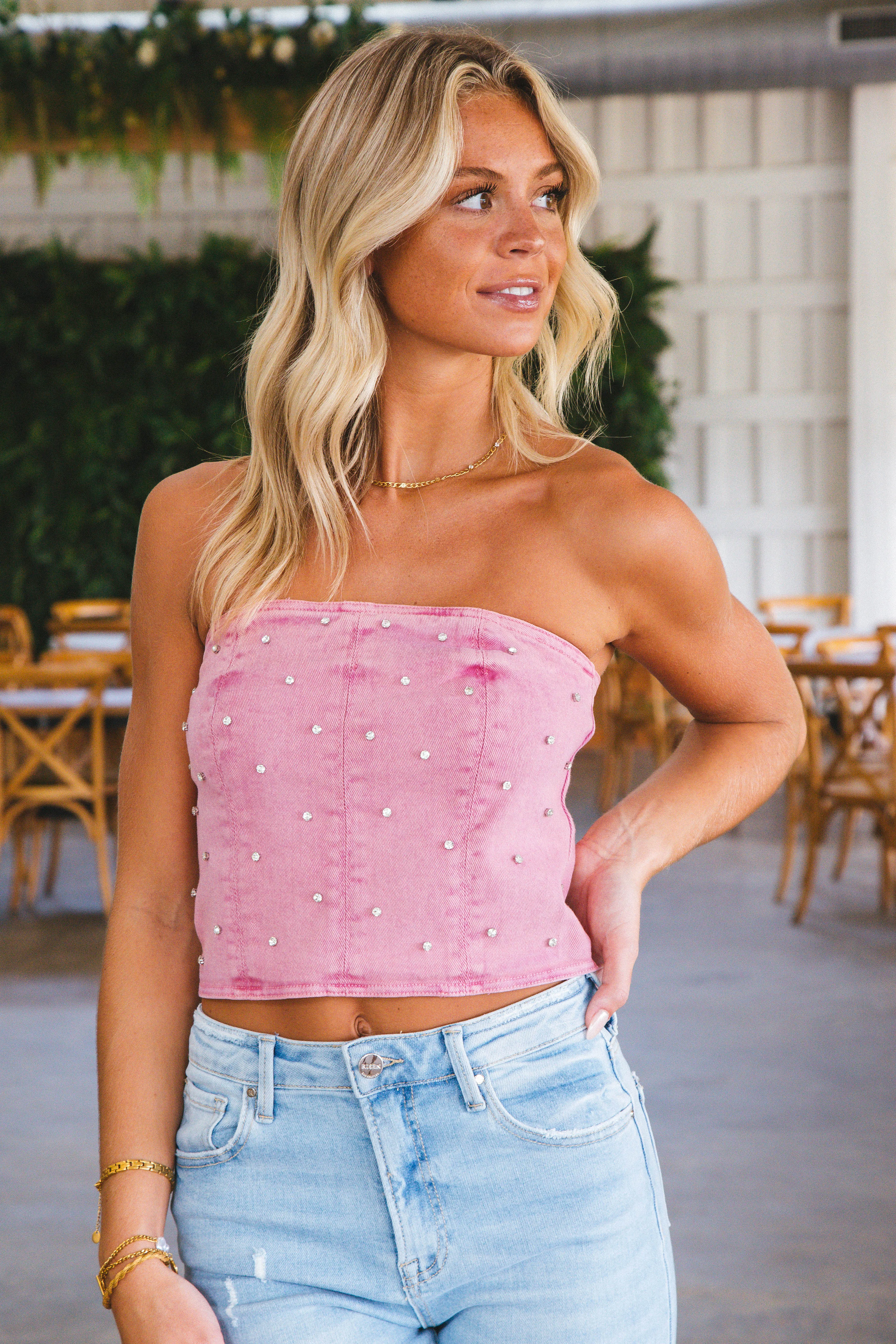 Katelynn Rhinestone Denim Tube Top, Pink