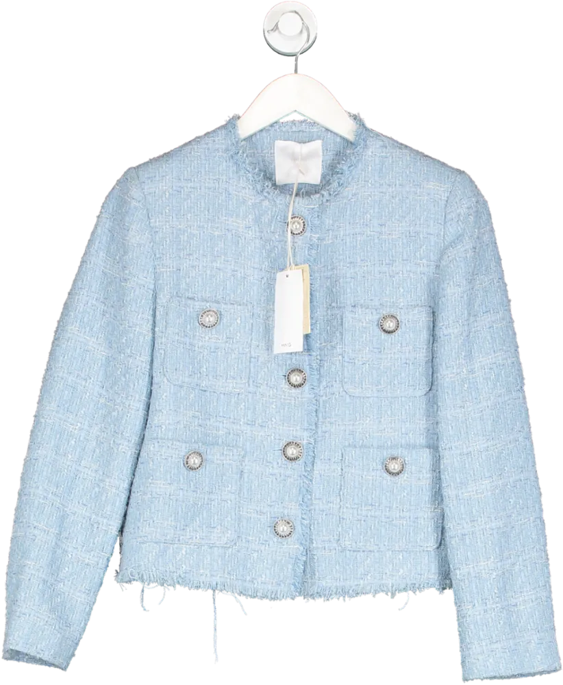 MANGO Blue Boucle Button Detail Cropped Jacket UK M