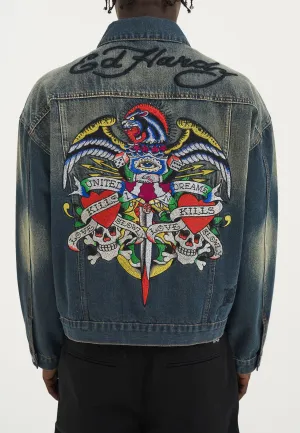 Mens Abstract United Dreams Oversized Denim Jacket - Blue