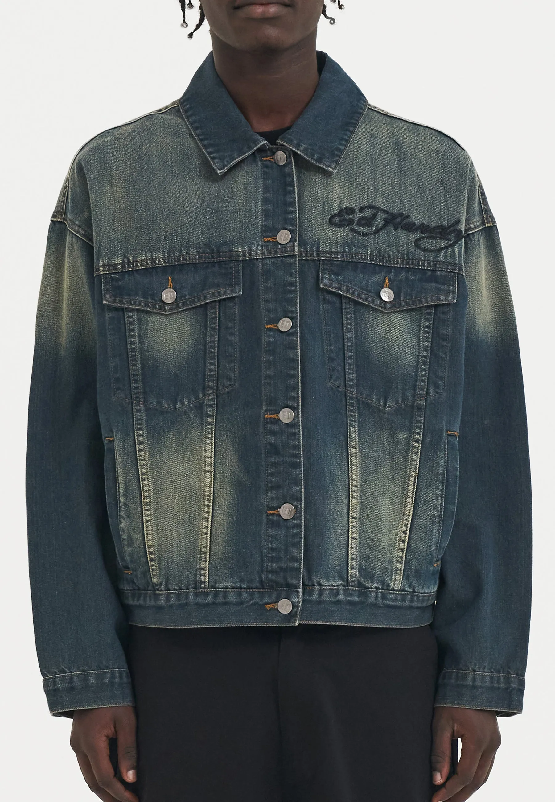 Mens Abstract United Dreams Oversized Denim Jacket - Blue