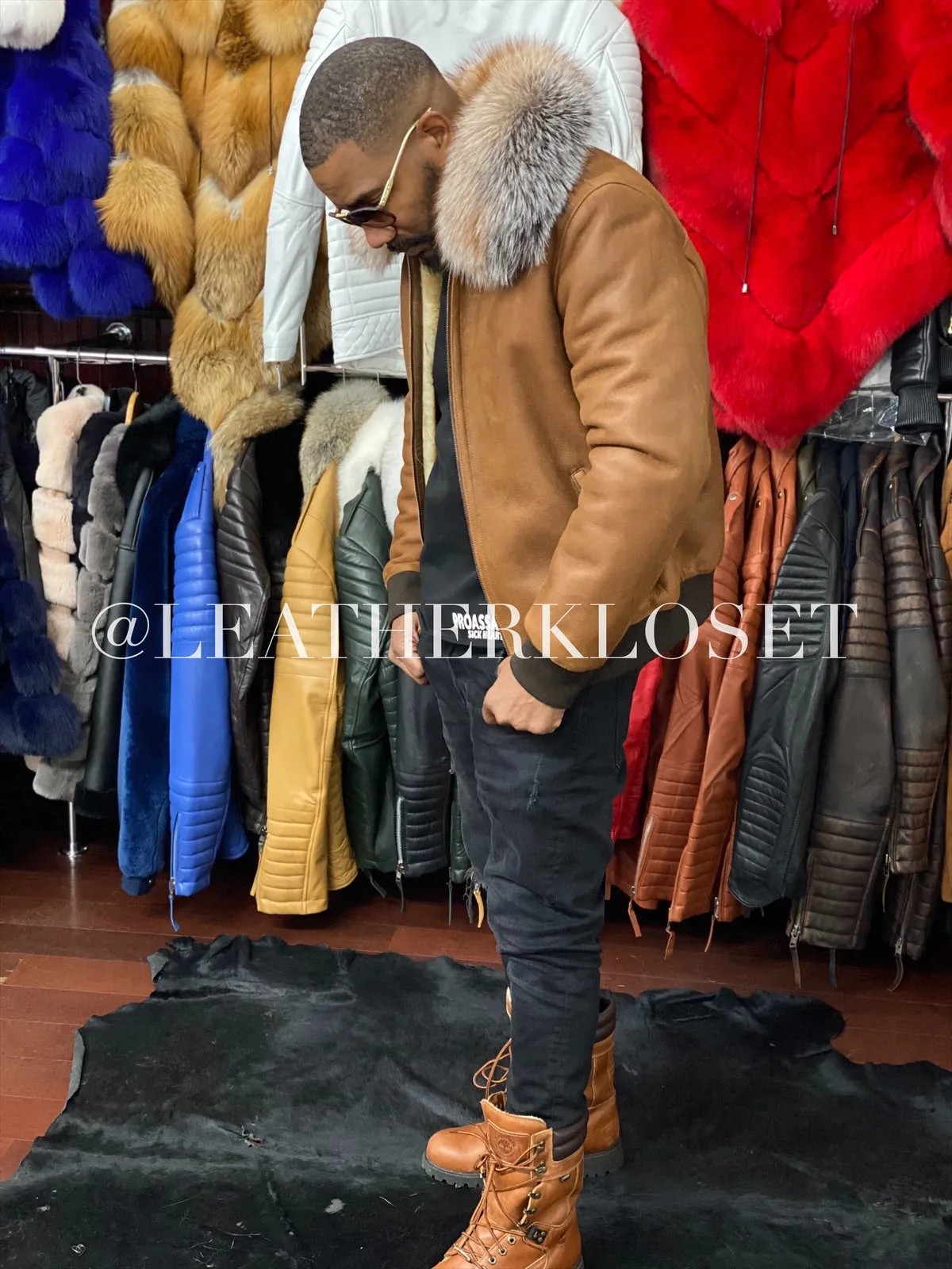 Men's Sheepskin Shearling Baseball With Fox