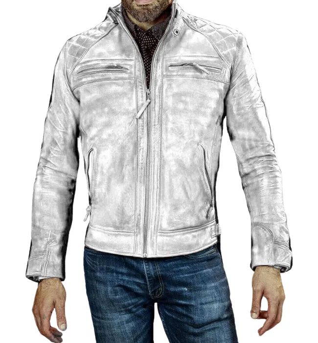 Mens White Biker Vintage Cafe Racer Genuine Leather Jacket