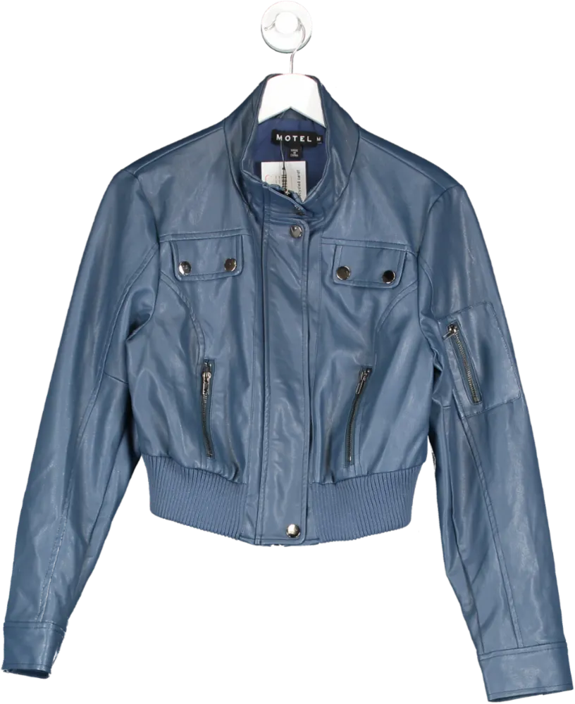 Motelrocks Blue Faux Leather Bomber Jacket UK M