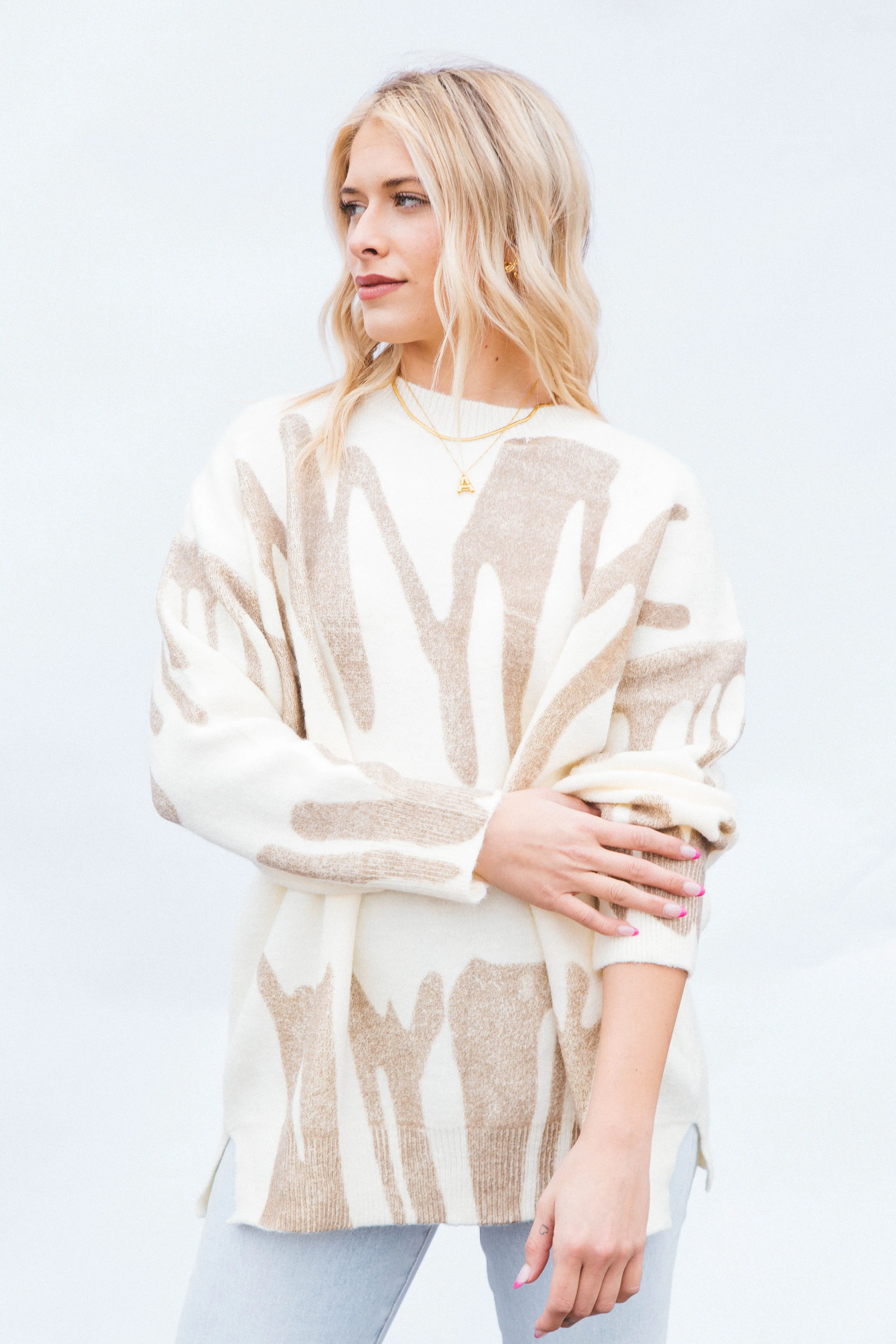 Nala Crew Neck Printed Sweater, Ivory Mocha