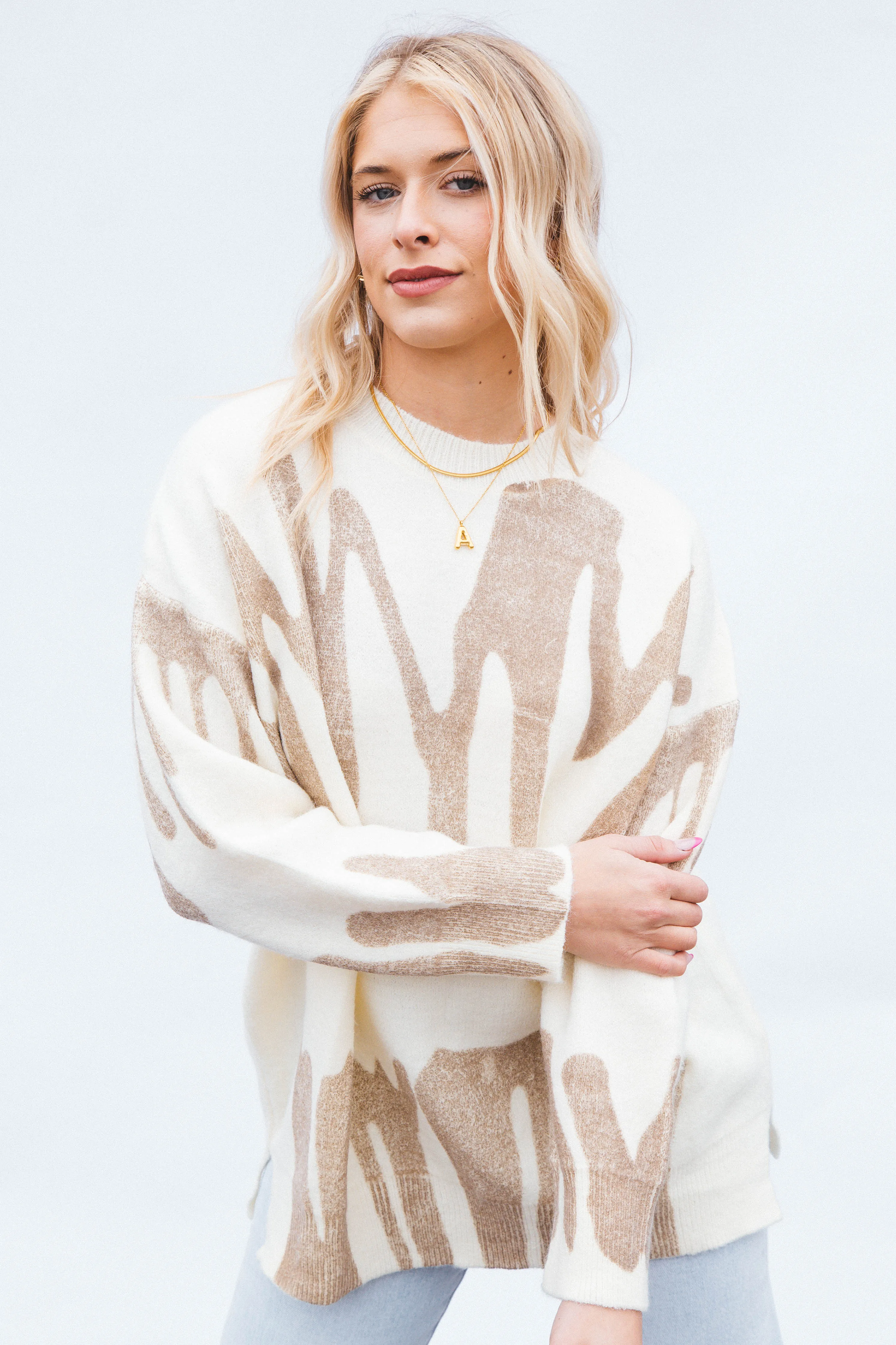 Nala Crew Neck Printed Sweater, Ivory Mocha