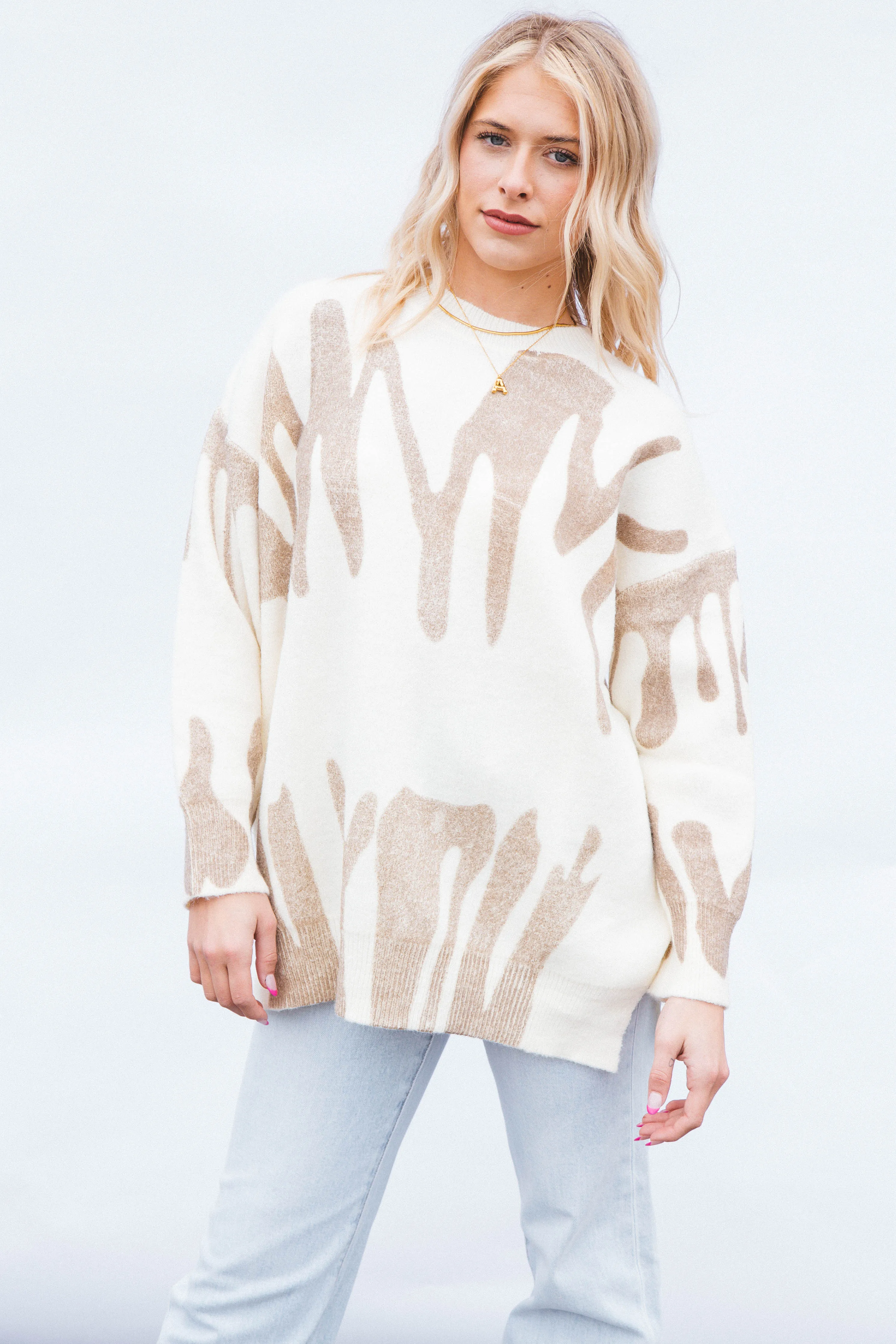 Nala Crew Neck Printed Sweater, Ivory Mocha