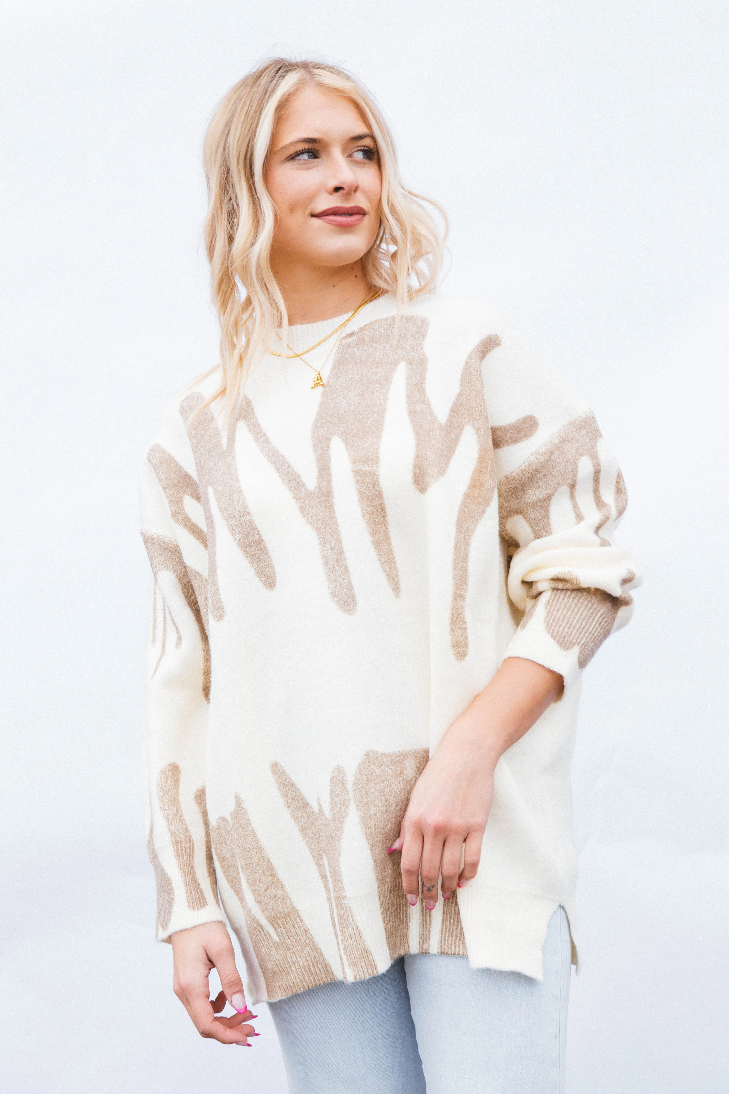 Nala Crew Neck Printed Sweater, Ivory Mocha