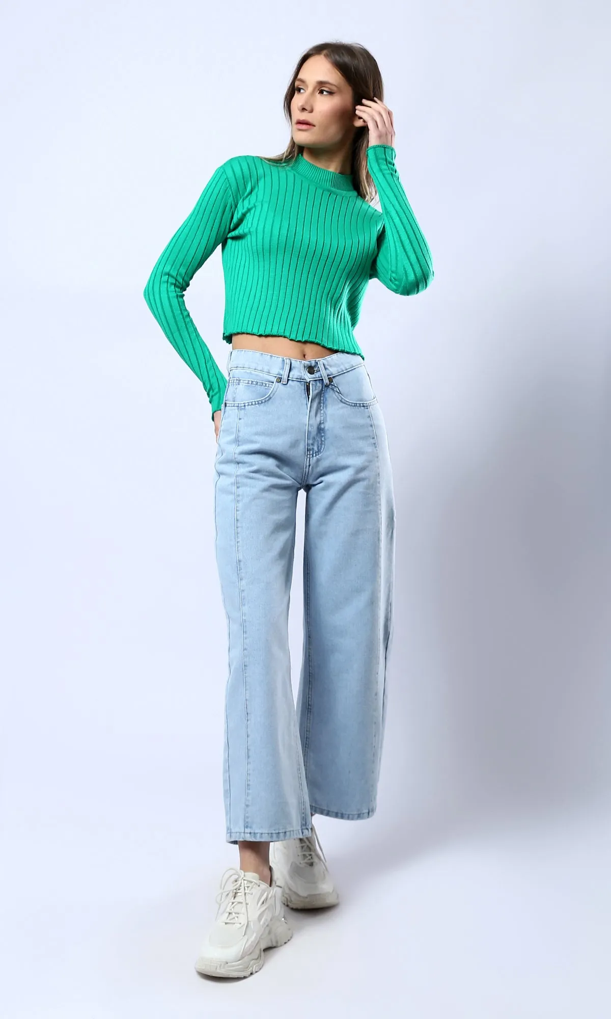 O172563 Green Ribbed Long Sleeves Short Pullover