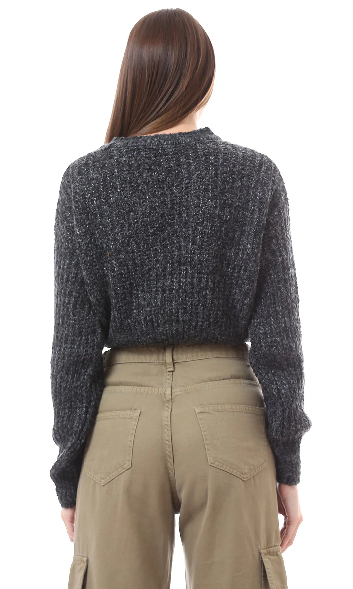 O174313 Crew Neck Heather Dark Grey Chunky Knit Pullover