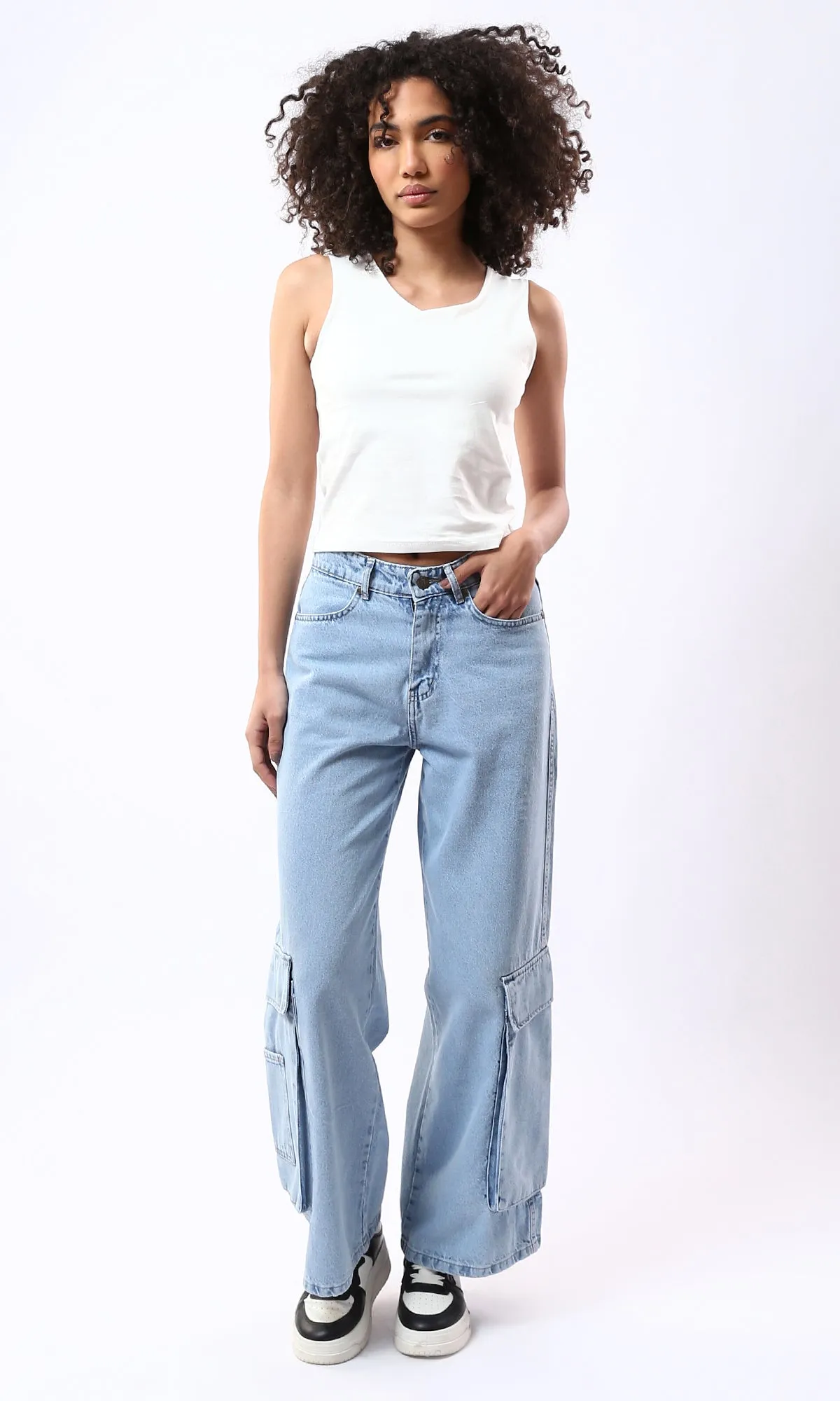 O177959 Light Blue Wide Leg Solid Casual Jeans