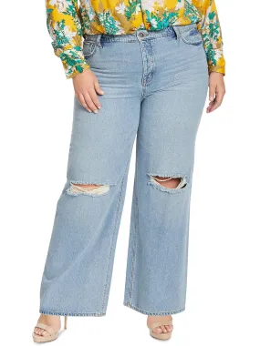 Plus Womens Destroyed Denim Wide Leg Jeans