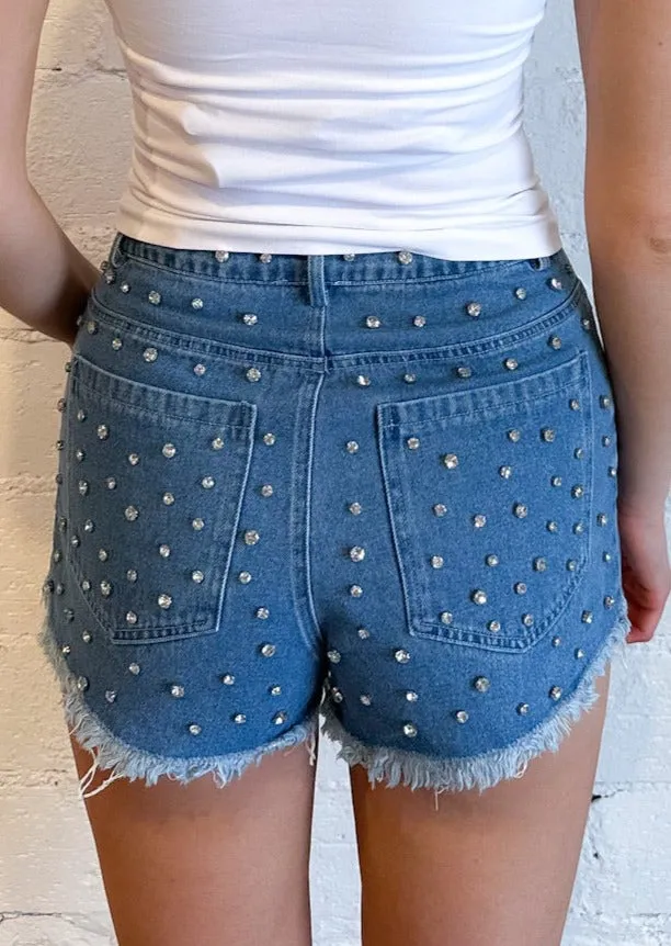 Rhinestone Distressed Denim Shorts